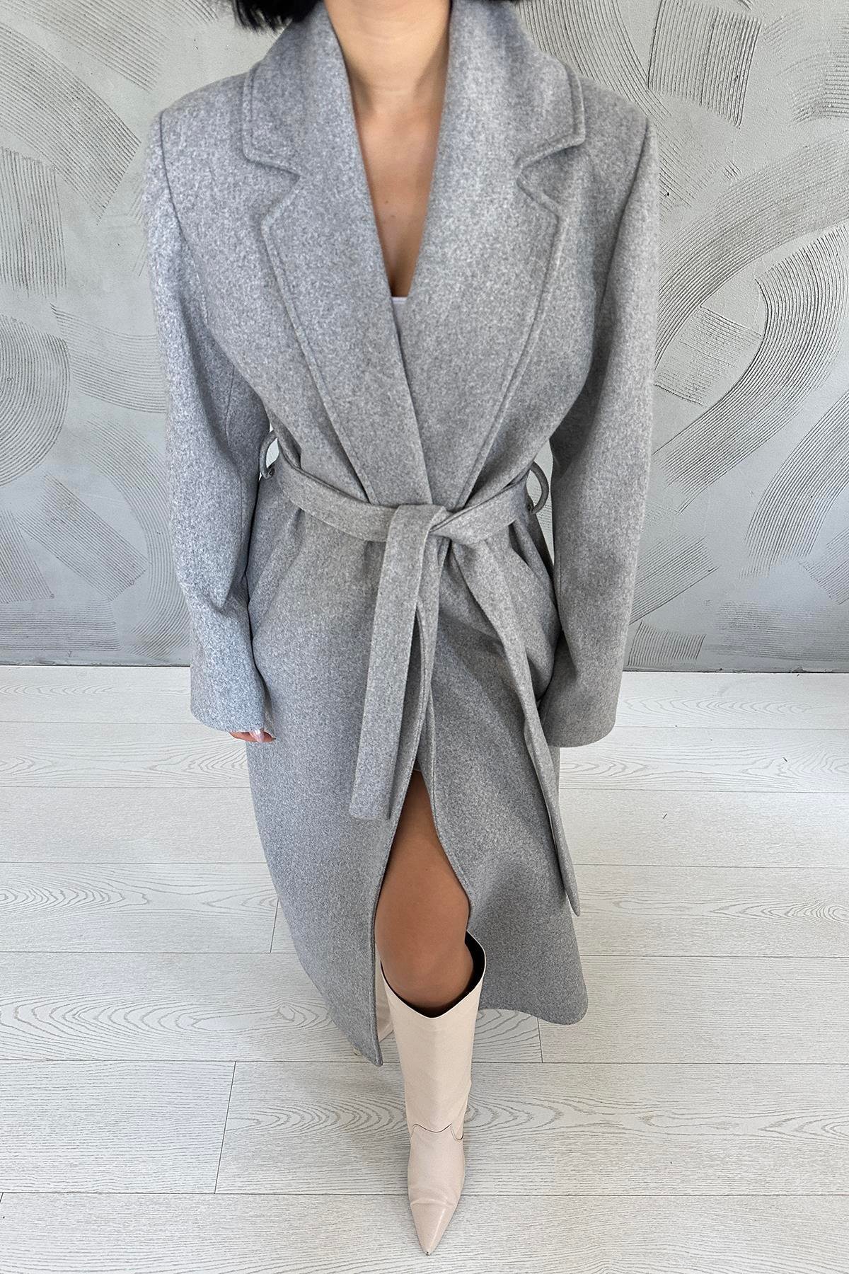 Toptan Gri Kuşaklı Midi Kaban