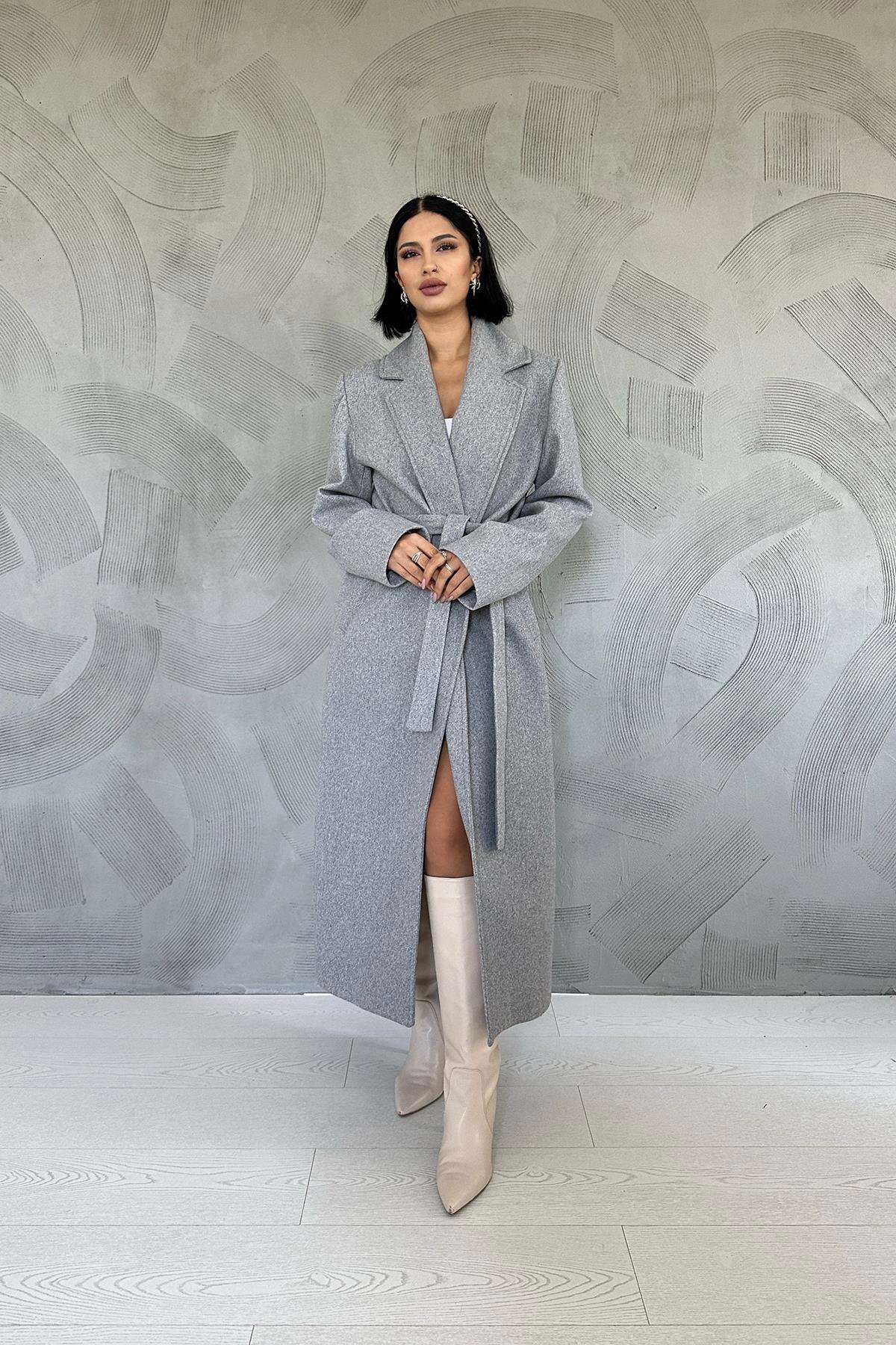 Toptan Gri Kuşaklı Midi Kaban