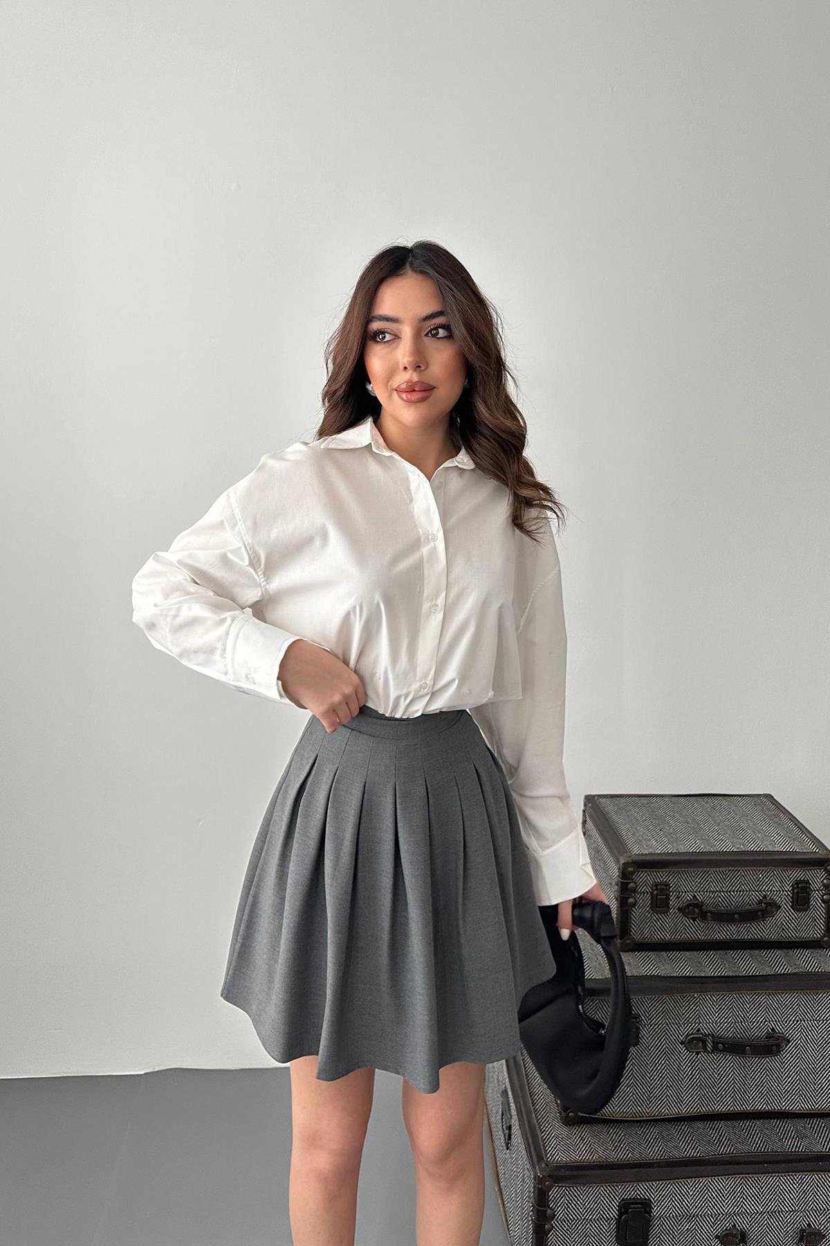 Toptan Gri Pilikaşe Mini Etek