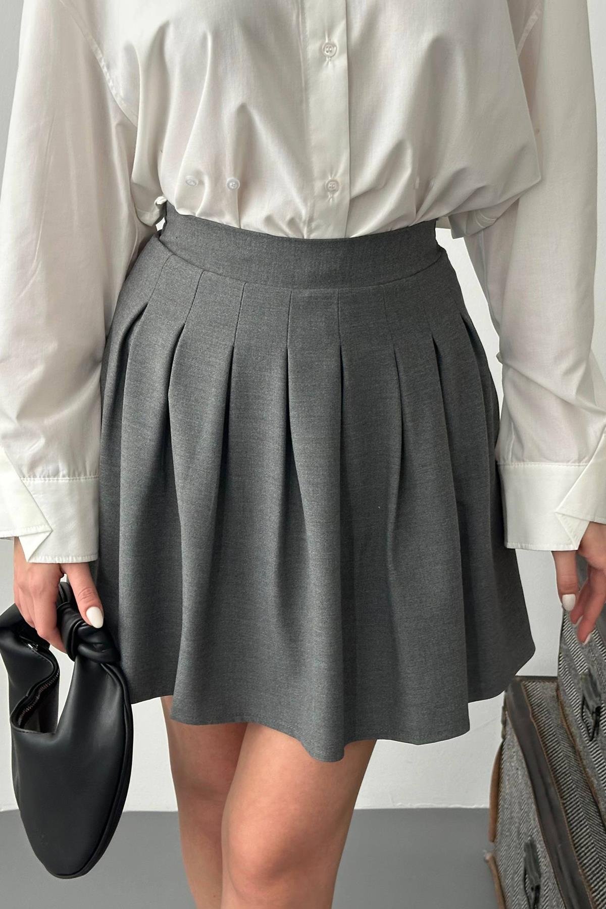 Toptan Gri Pilikaşe Mini Etek