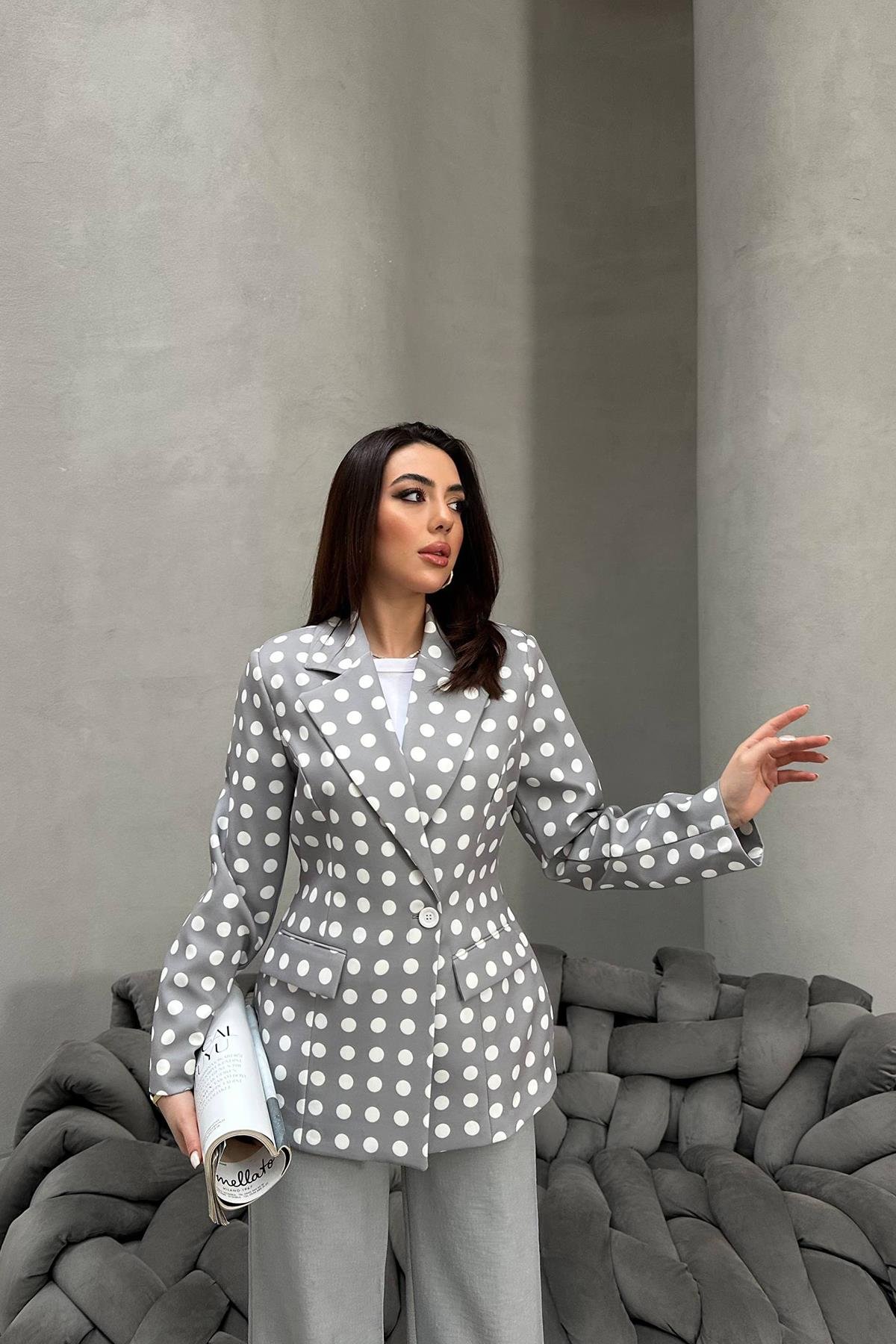 Toptan Gri Puantiyeli Blazer Ceket