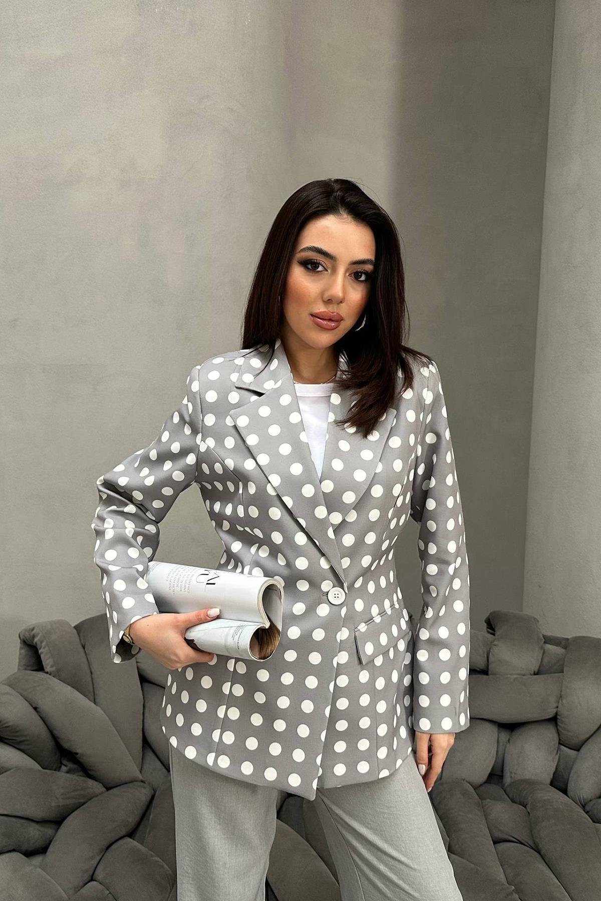 Toptan Gri Puantiyeli Blazer Ceket