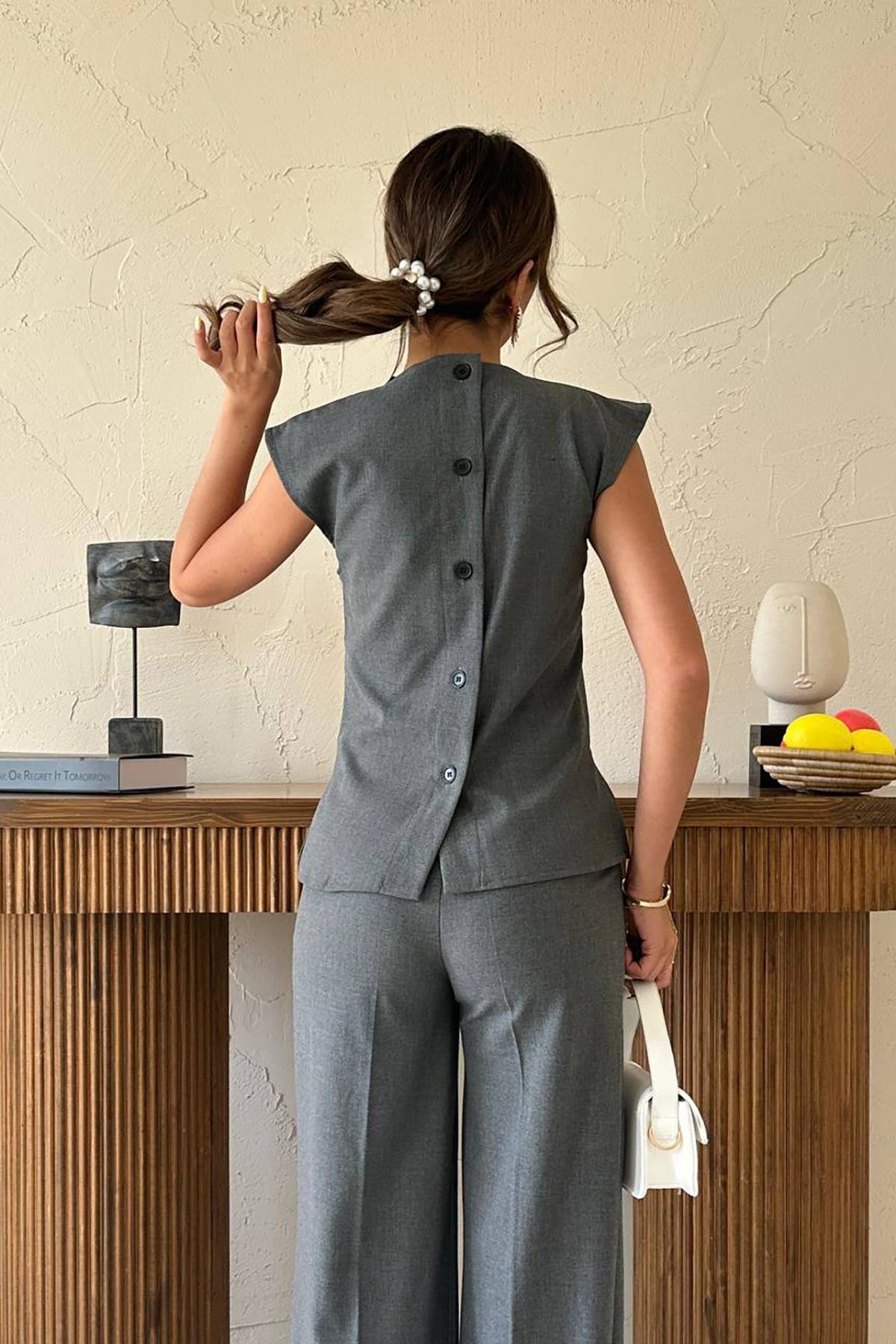 Toptan Gri Sıfır Kol Düğmeli Gömlek Takım