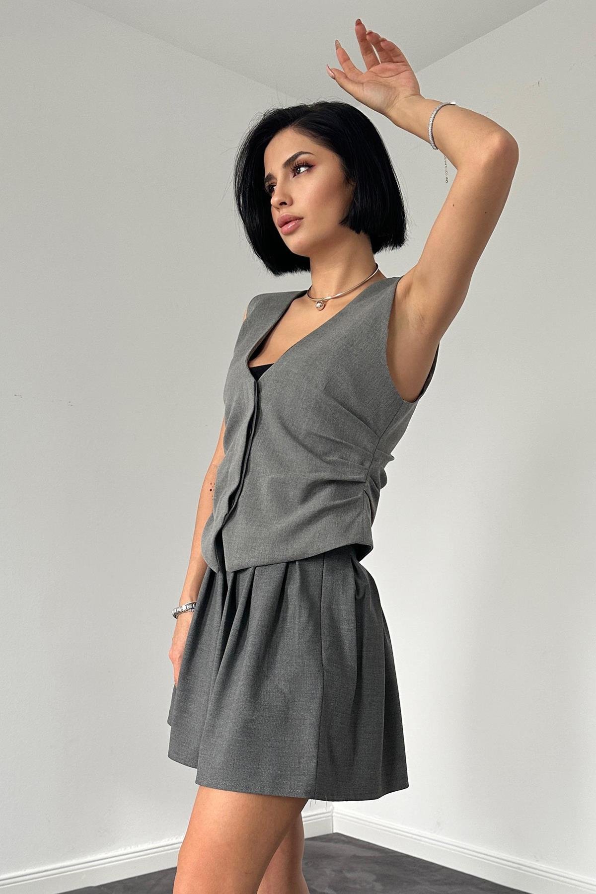 Toptan Gri Ters Pile Detaylı Yelek