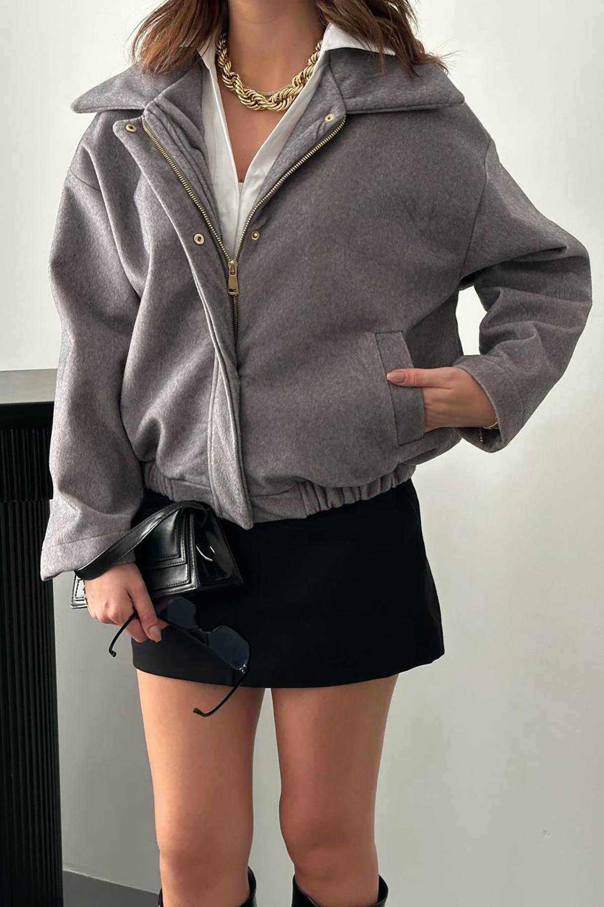 Toptan Gri Tüylü Bomber Ceket