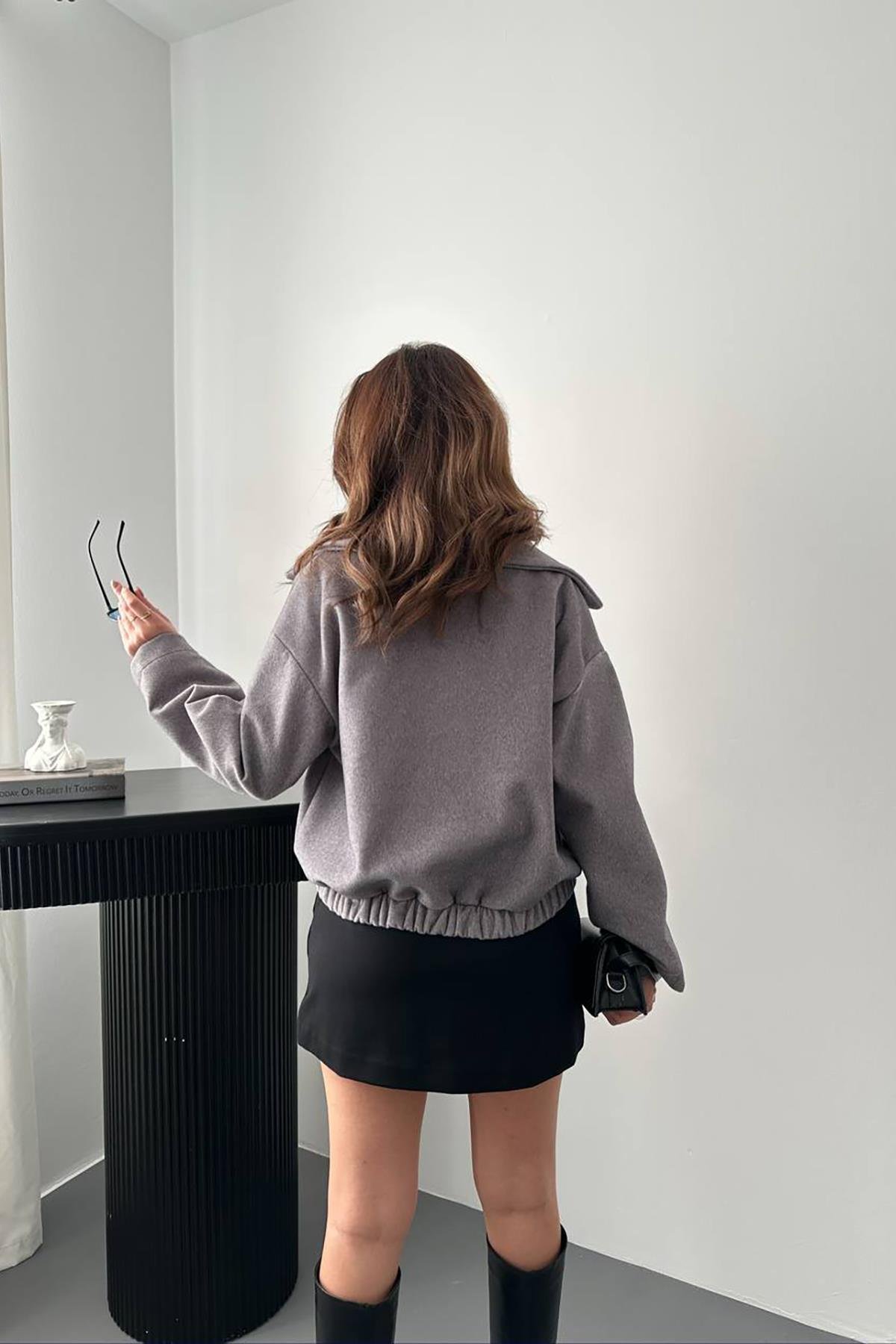 Toptan Gri Tüylü Bomber Ceket