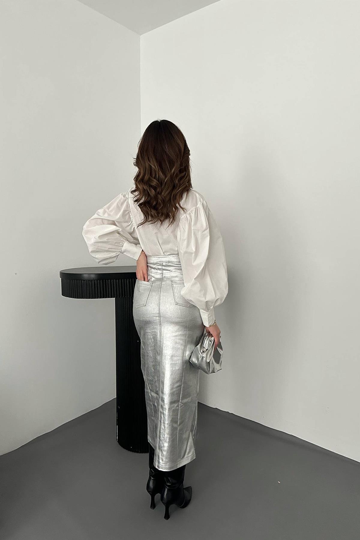 Оптовая продажа серебряная позолоченная юбка из габардина с разрезом