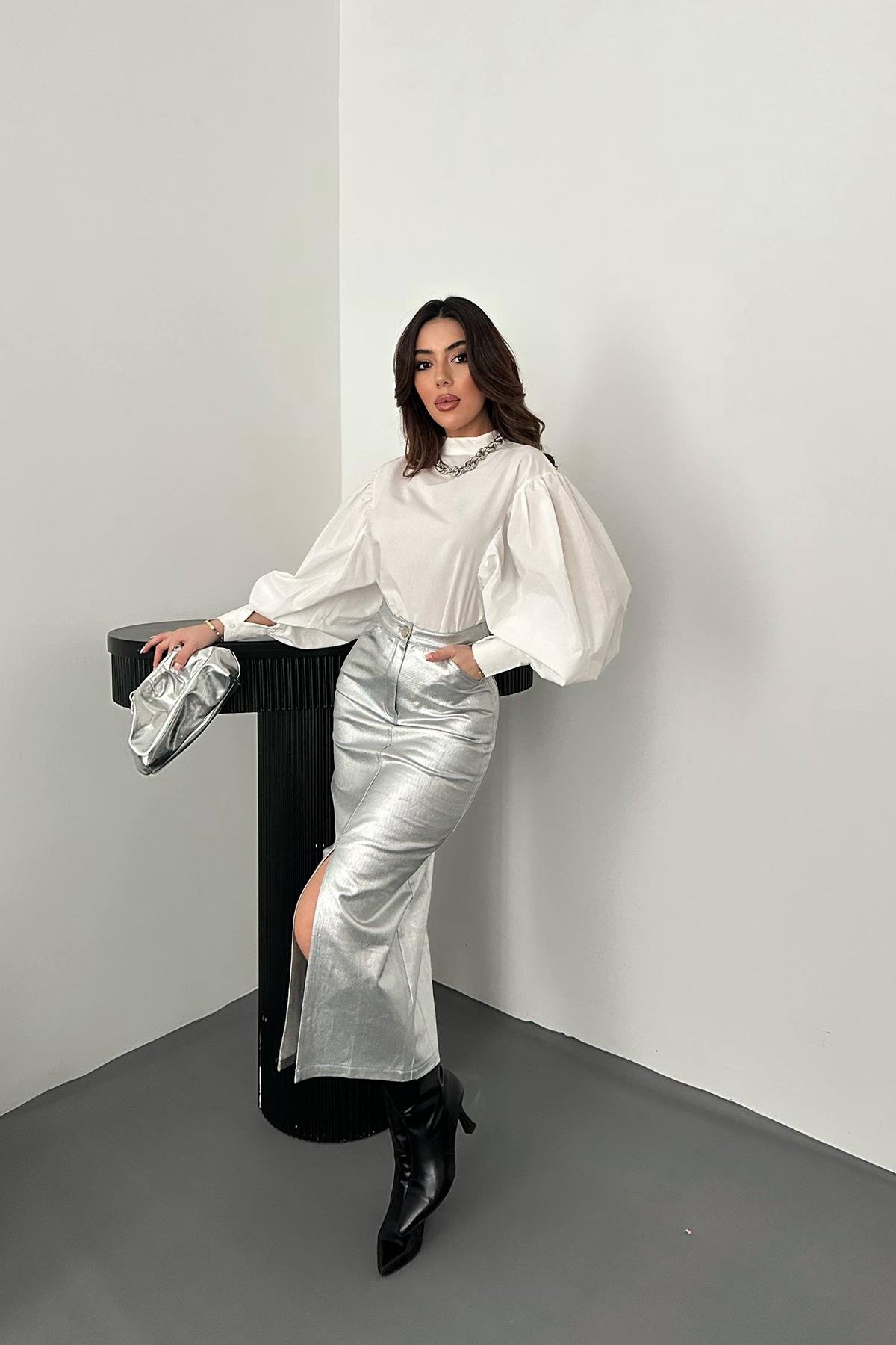 Оптовая продажа серебряная позолоченная юбка из габардина с разрезом