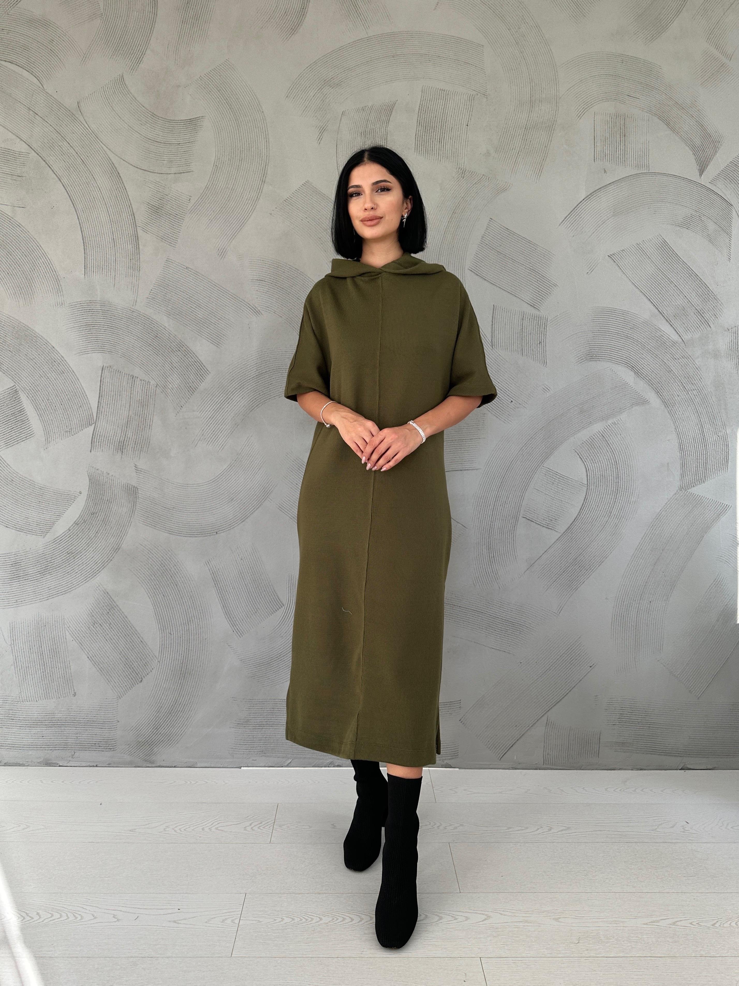 Haki Akrilik Kapüşonlu Elbise
