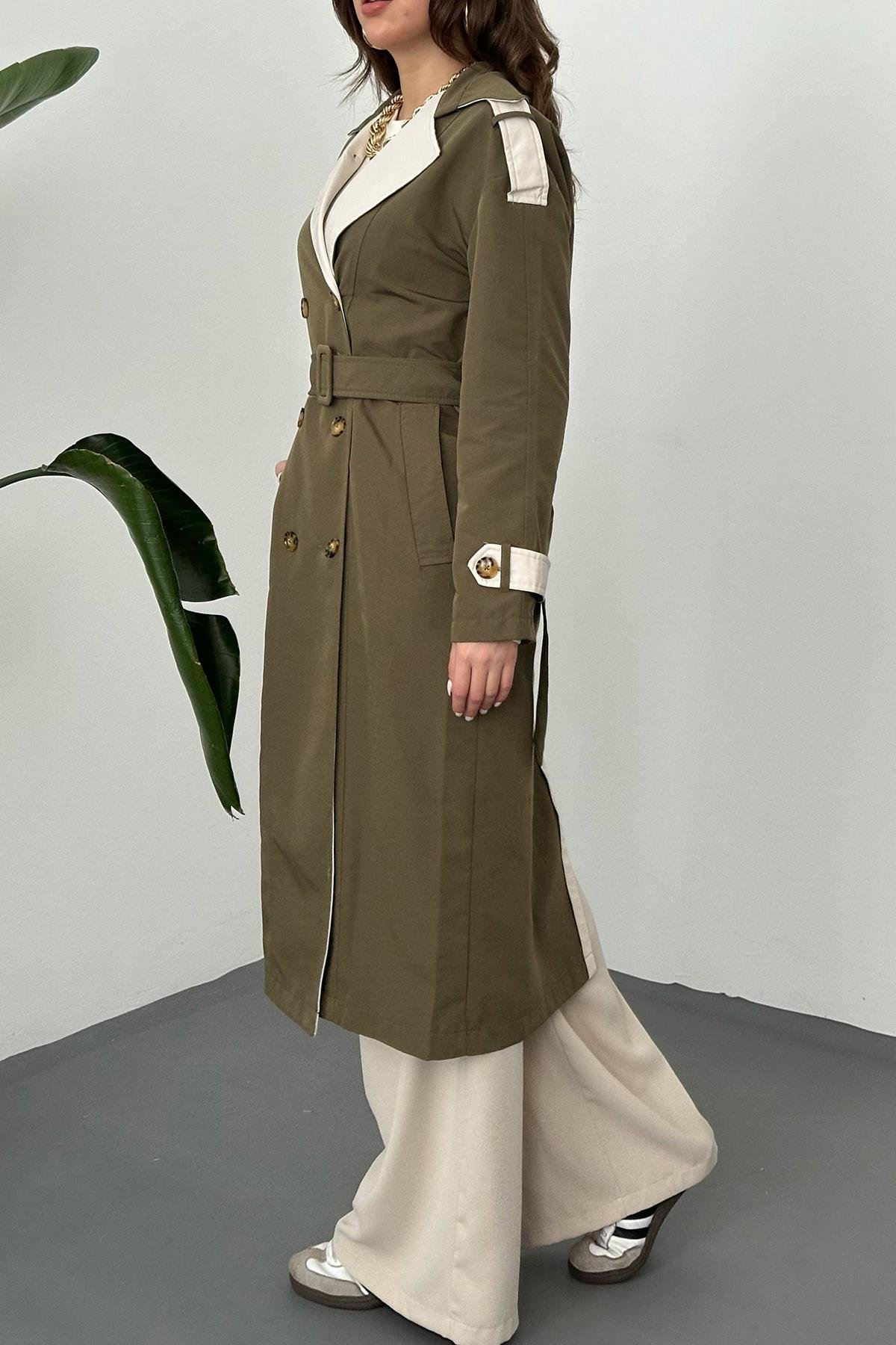 Toptan Haki Bej Arkası Çizgili ve Kemerli Trençkot