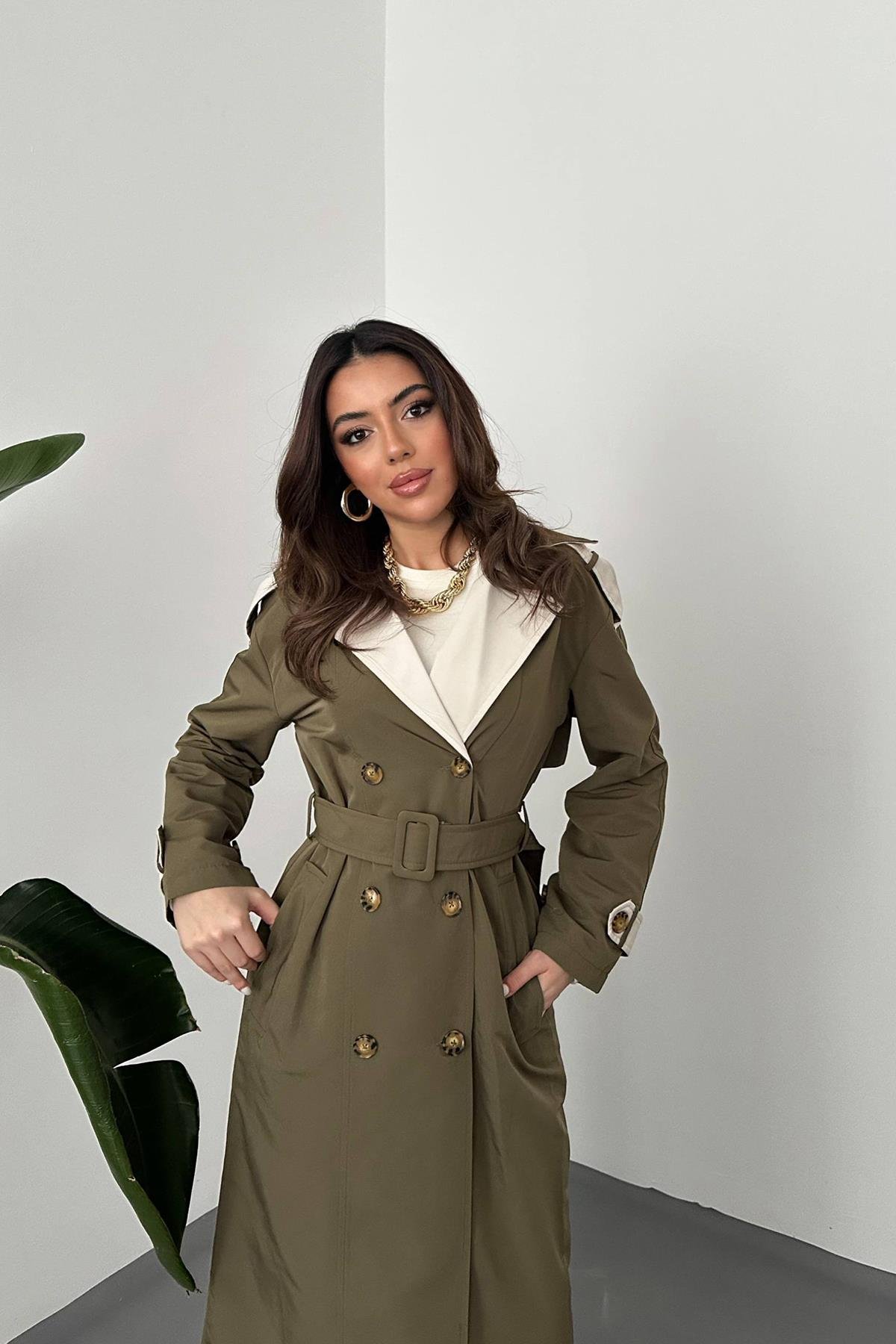 Toptan Haki Bej Arkası Çizgili ve Kemerli Trençkot