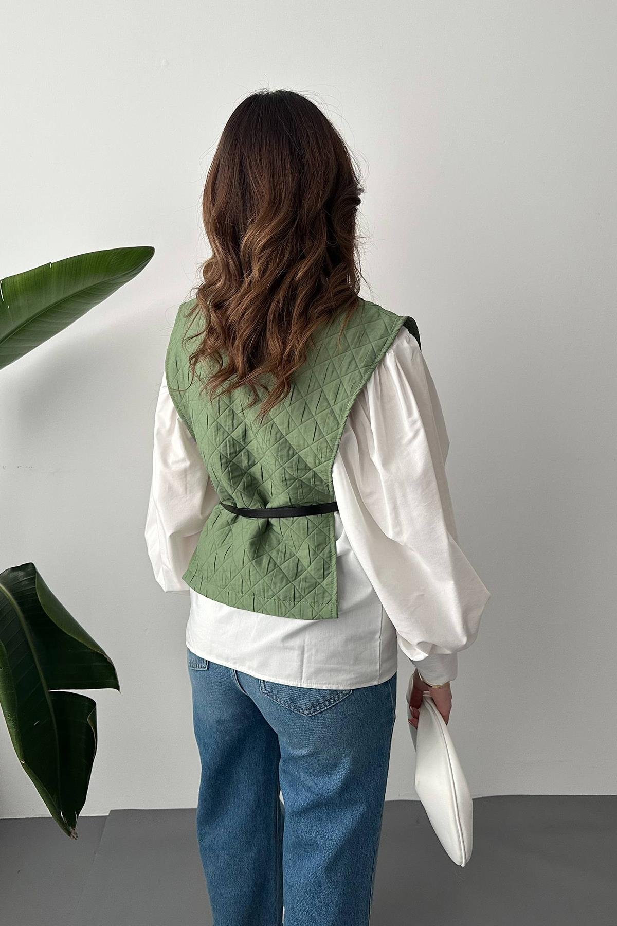 Toptan Haki Kemerli Gömlek ve Panço Takım