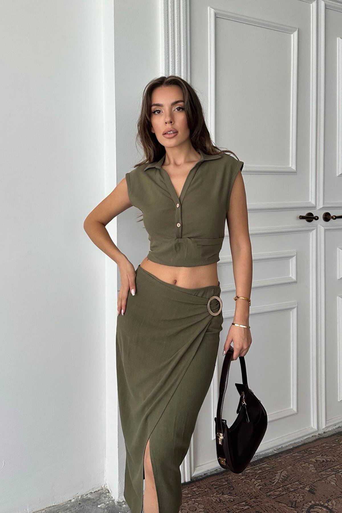 Toptan Haki Keten Gömlek Ve Etek Takım