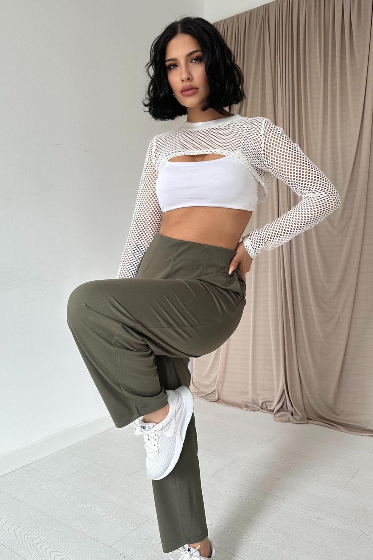 Haki Pensli Lastik Detaylı Pantolon