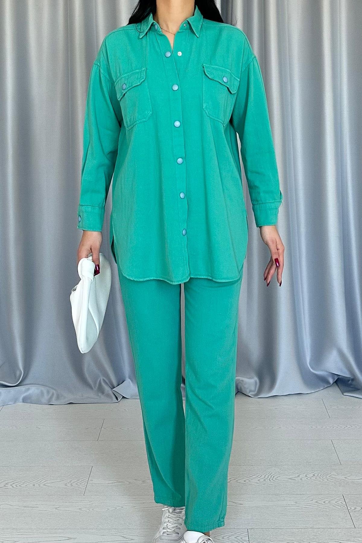 Toptan Haki Yıkamalı Gömlek ve Pantolon Takım