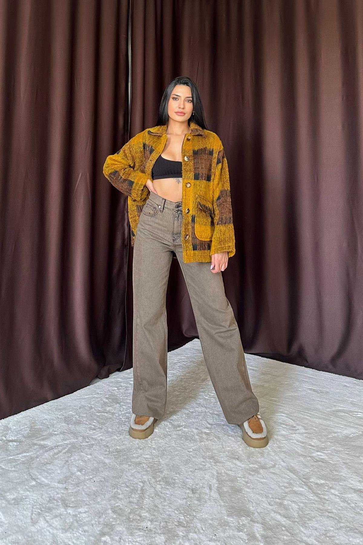 Hardal Siyah Düğmeli Ekoseli Kadın Kaban