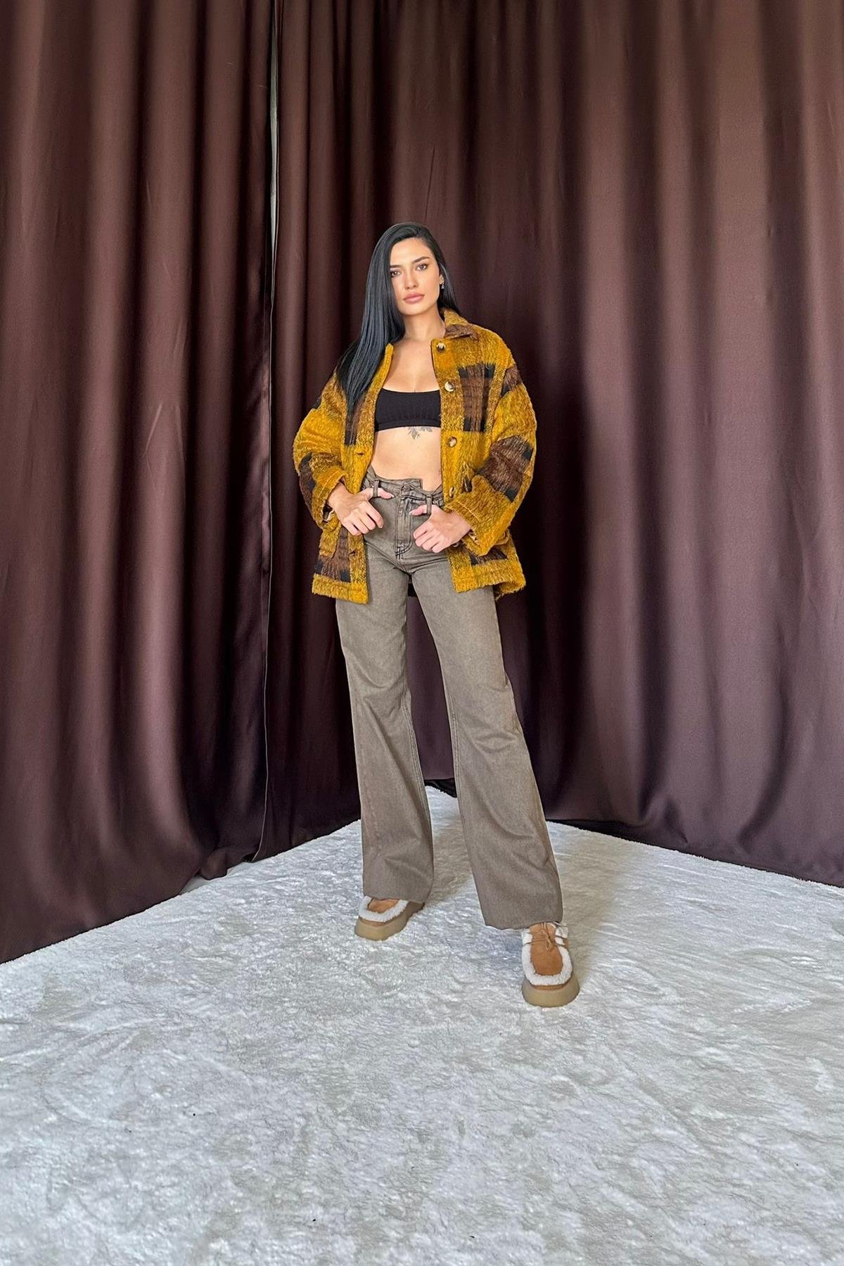 Hardal Siyah Düğmeli Ekoseli Kadın Kaban