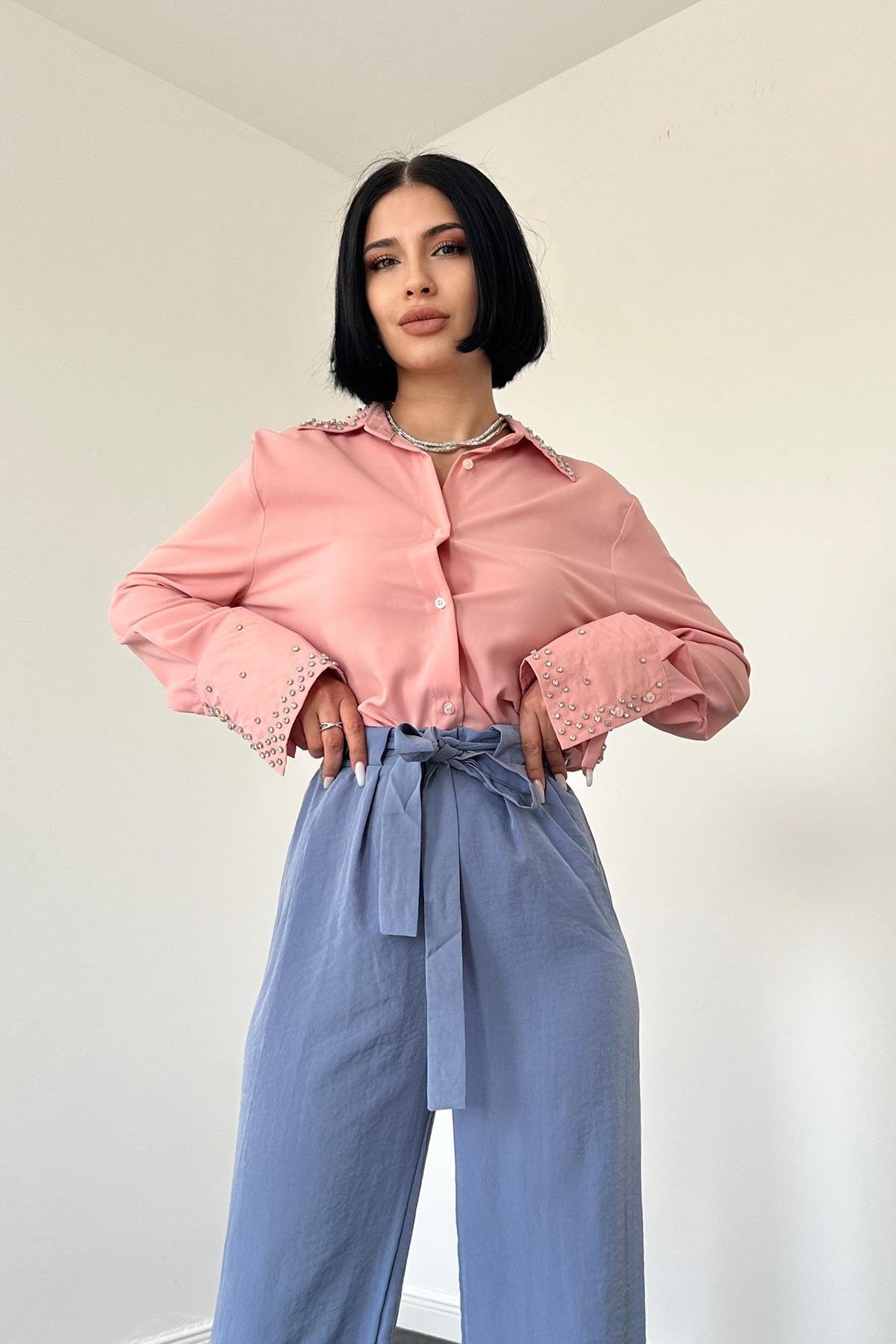 Toptan İndigo Kuşaklı Pantolon