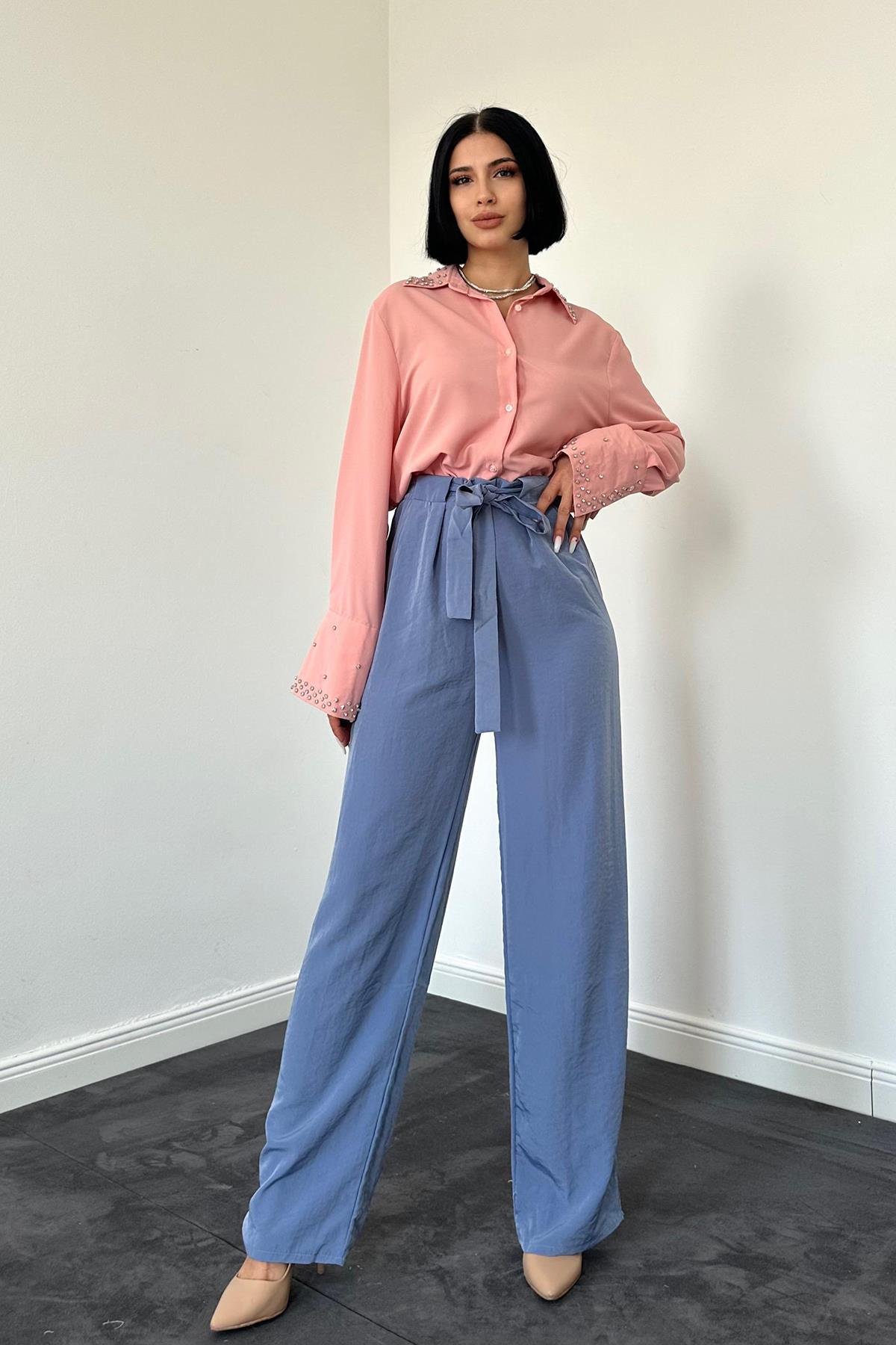 Toptan İndigo Kuşaklı Pantolon