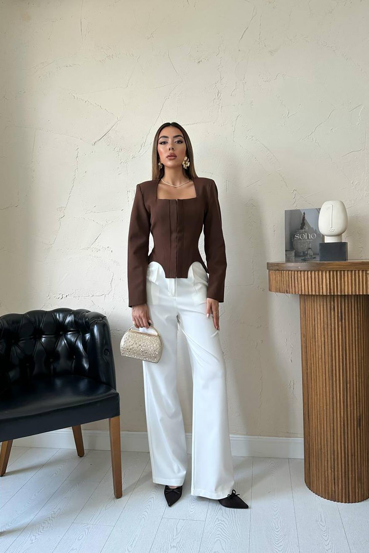 Toptan Kahverengi Agraf Detaylı Ceket