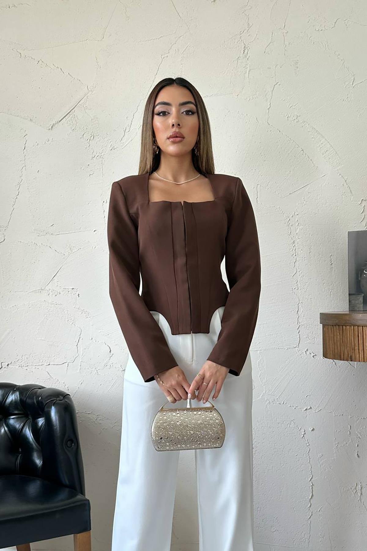 Toptan Kahverengi Agraf Detaylı Ceket