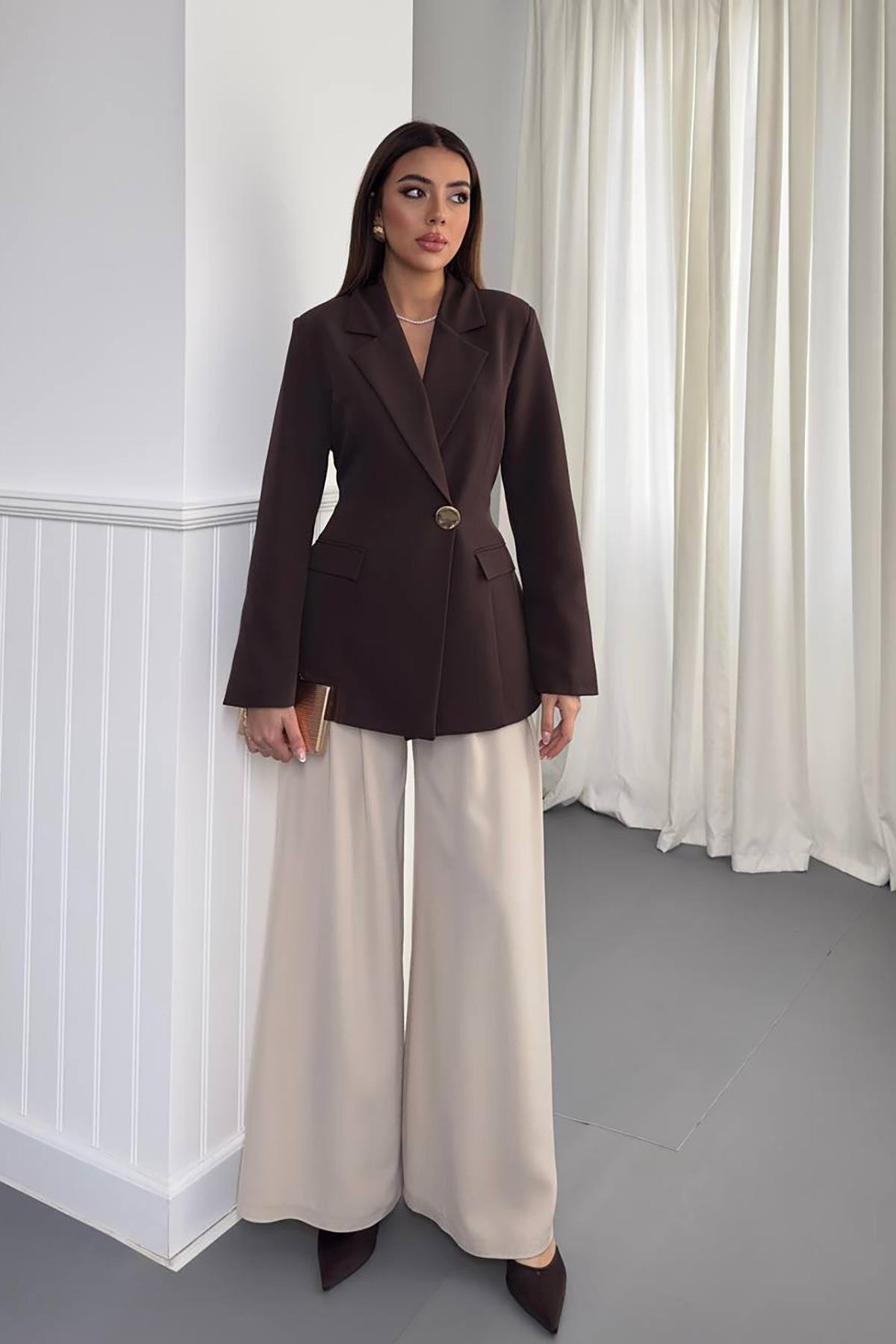 Toptan Kahverengi Belden Oturtmalı Blazer Ceket