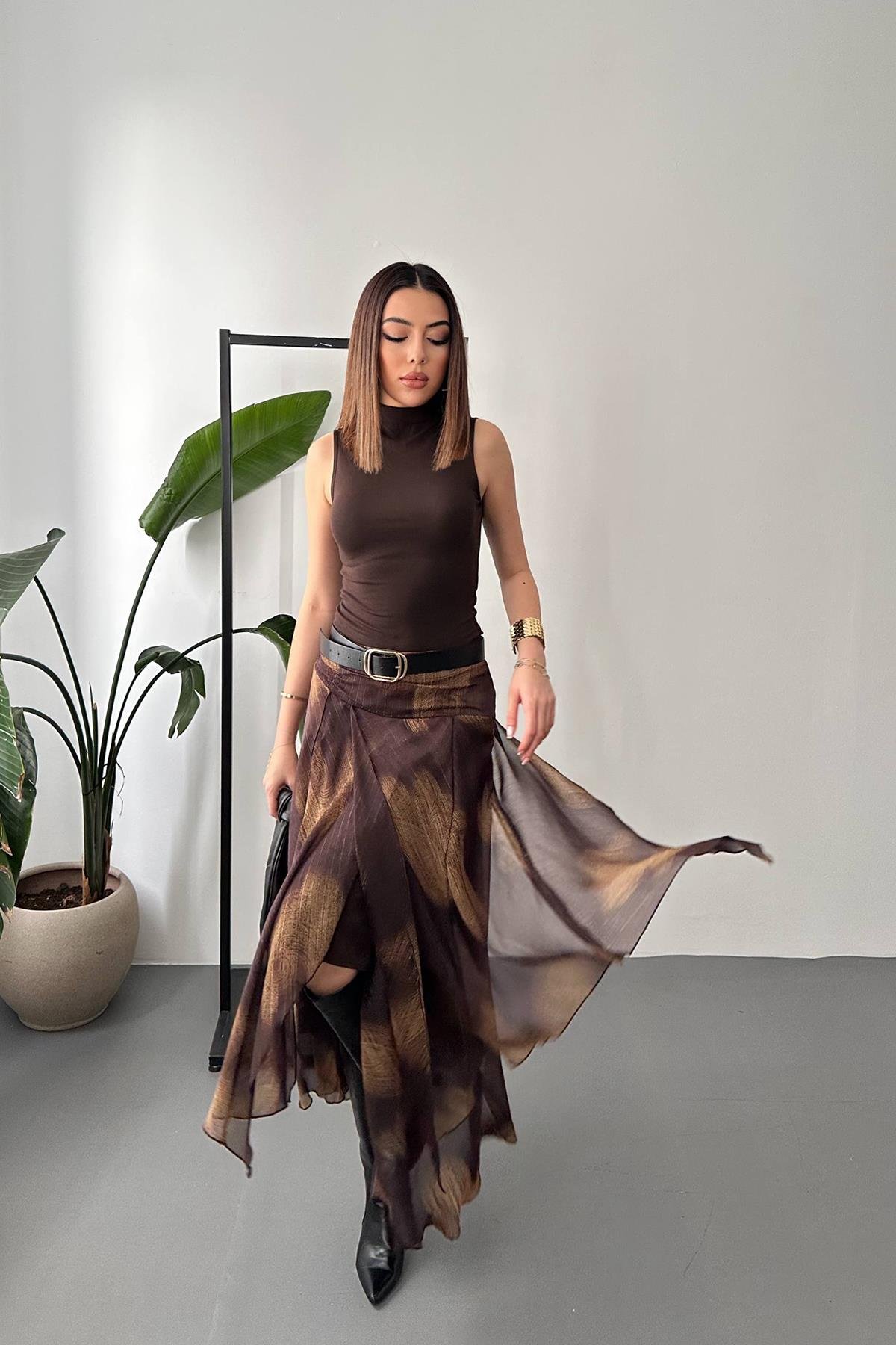 Toptan Kahverengi Büzgülü Şifon Etek
