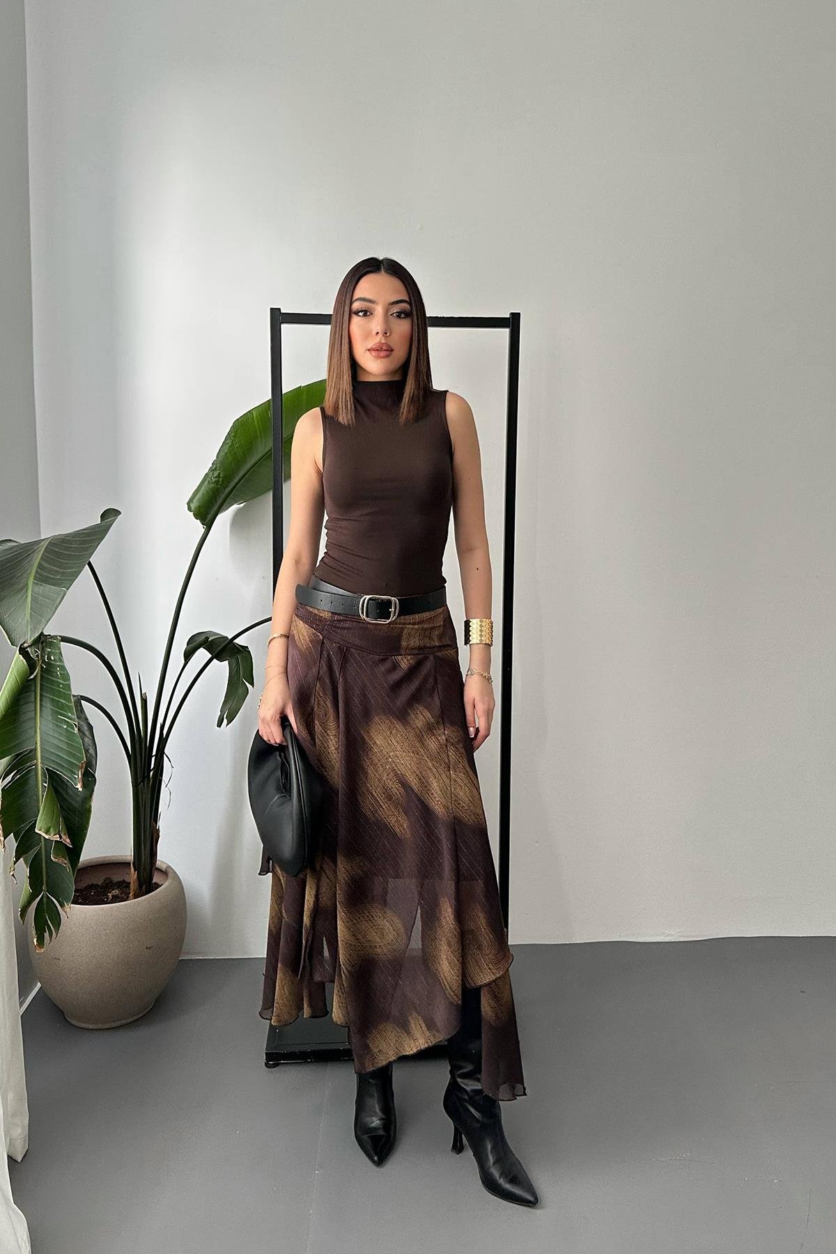 Toptan Kahverengi Büzgülü Şifon Etek