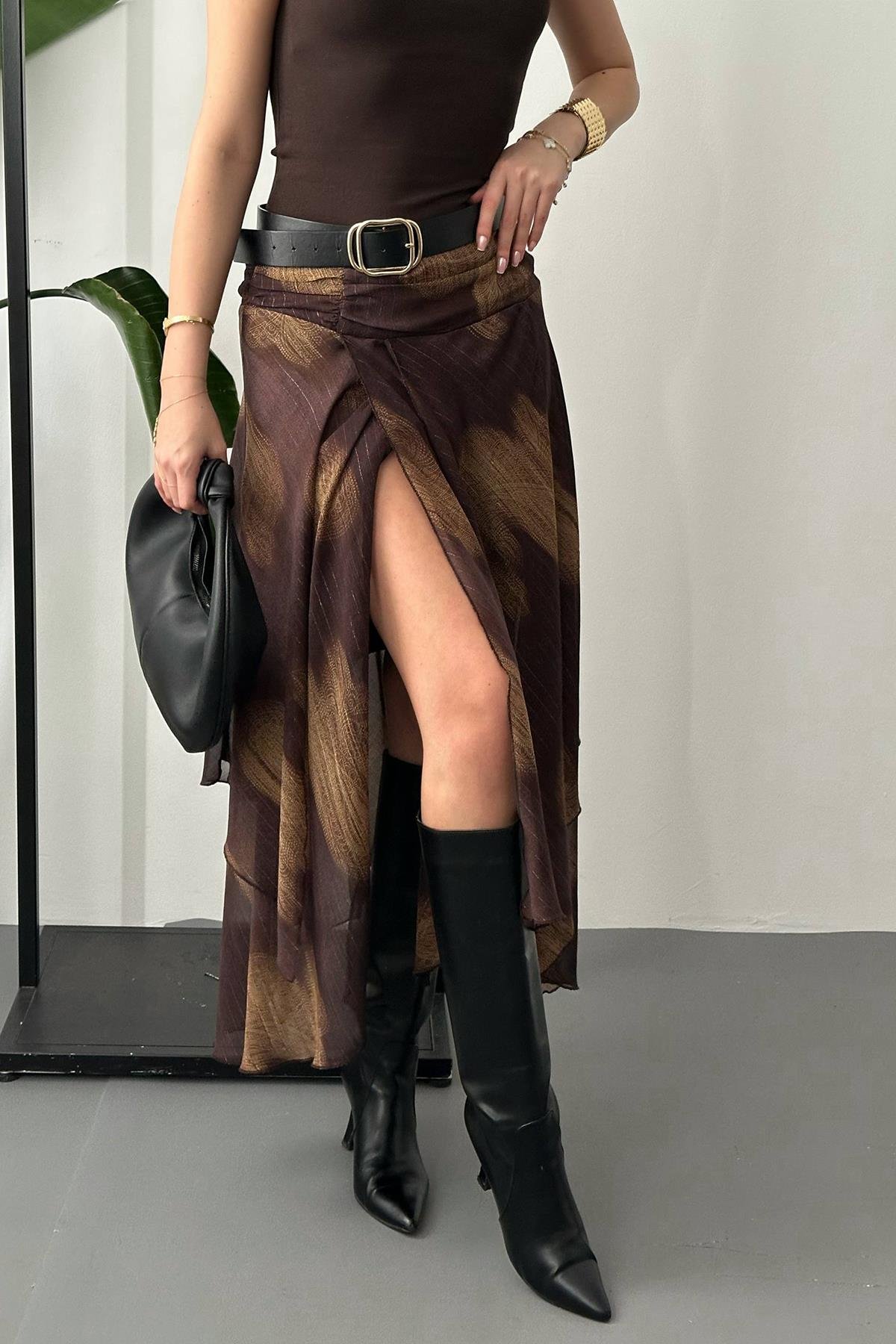 Toptan Kahverengi Büzgülü Şifon Etek