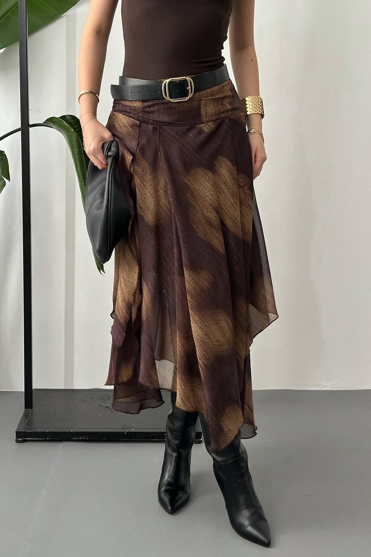 Toptan Kahverengi Büzgülü Şifon Etek