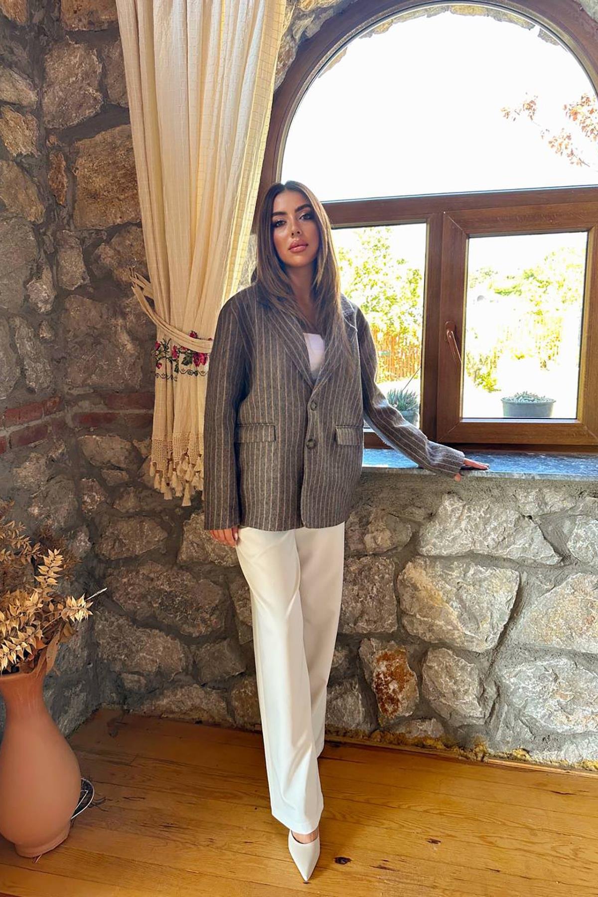 Toptan Kahverengi Çizgili Yün Ceket