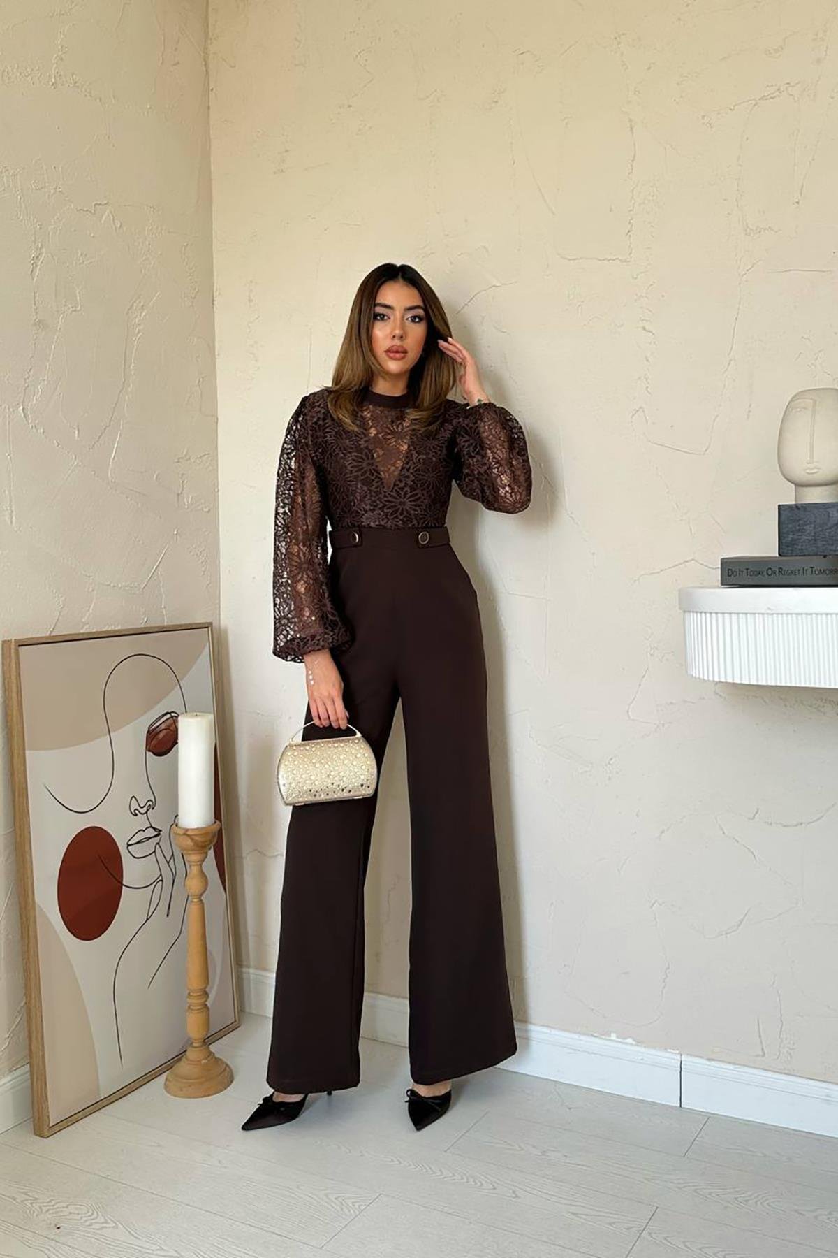 Toptan Kahverengi Dantelli Apoletli Tulum