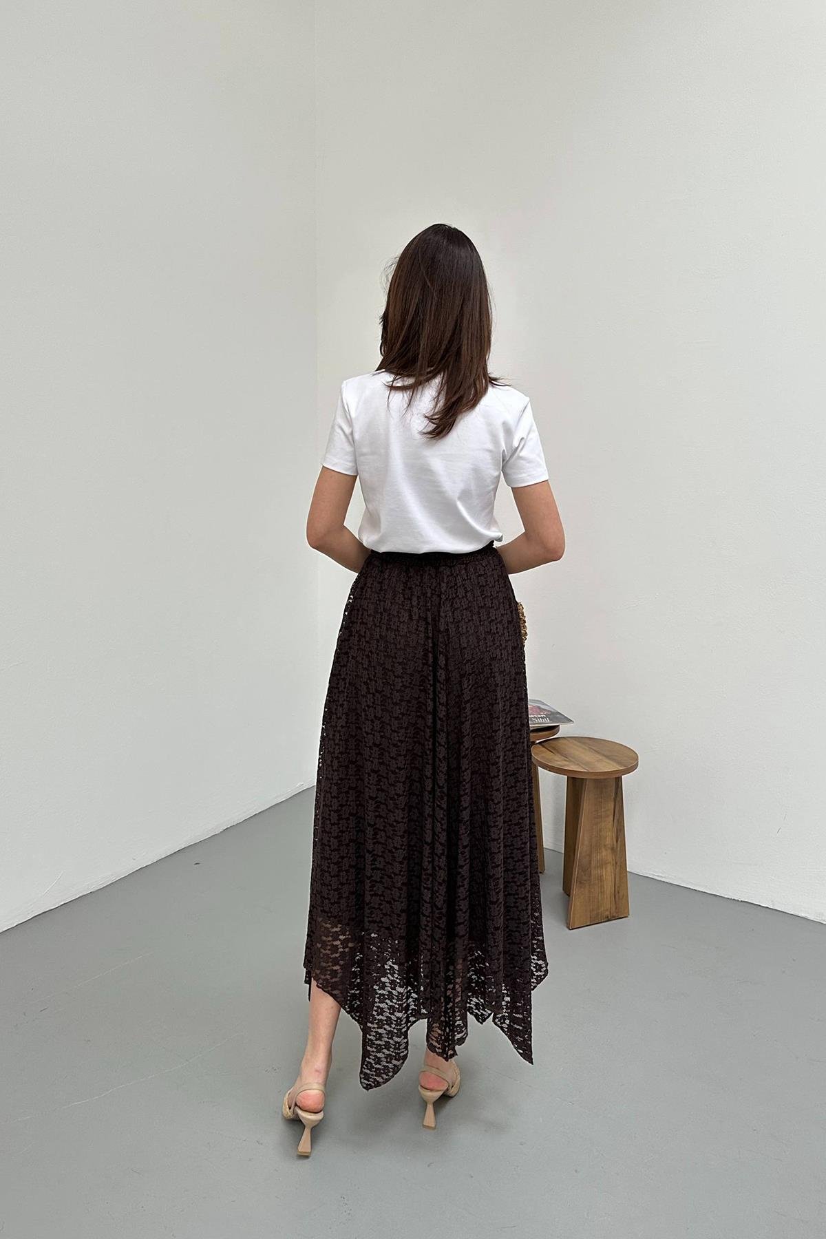 Toptan Kahverengi Dantelli Etek