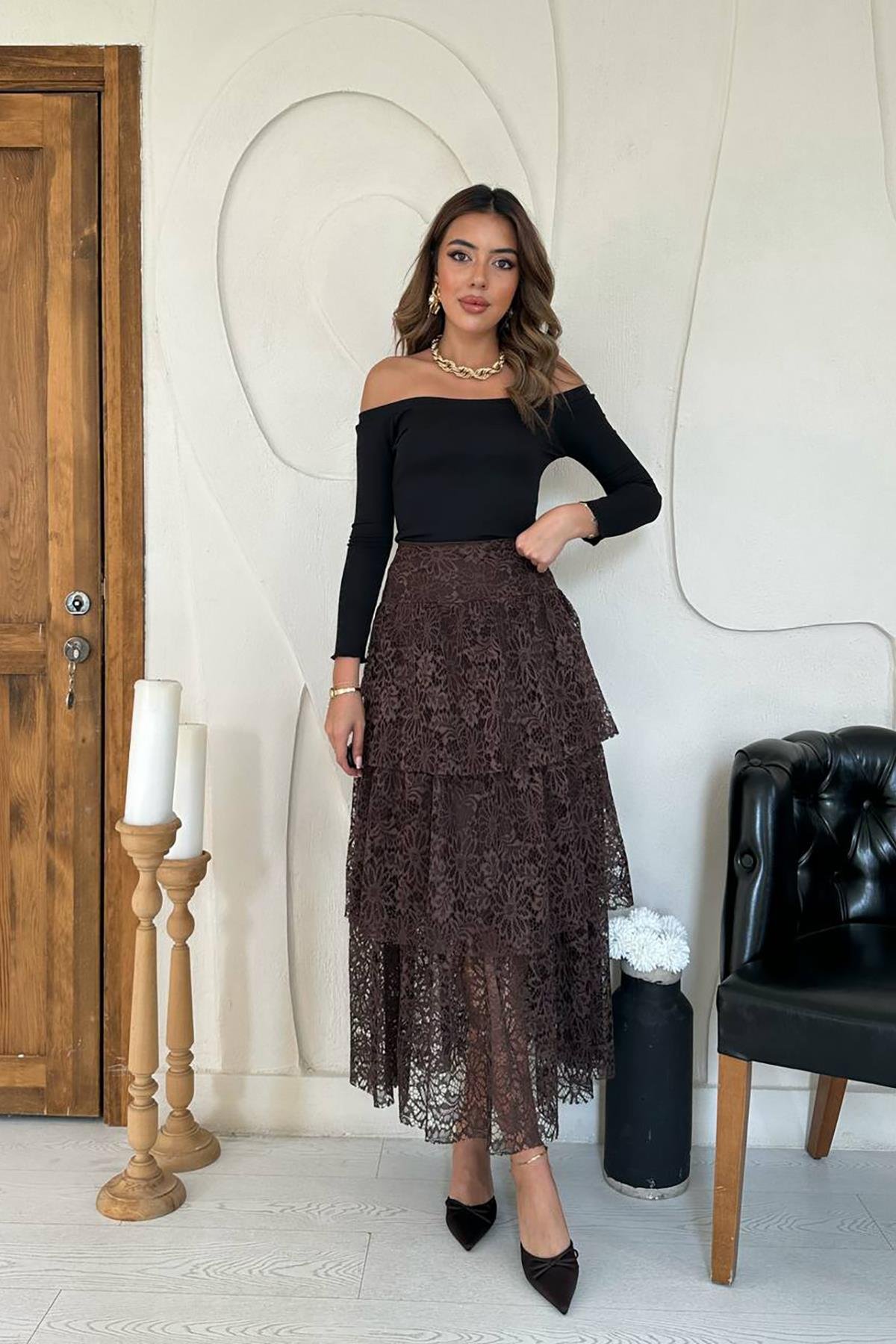 Toptan Kahverengi Dantelli Kat Kat Etek