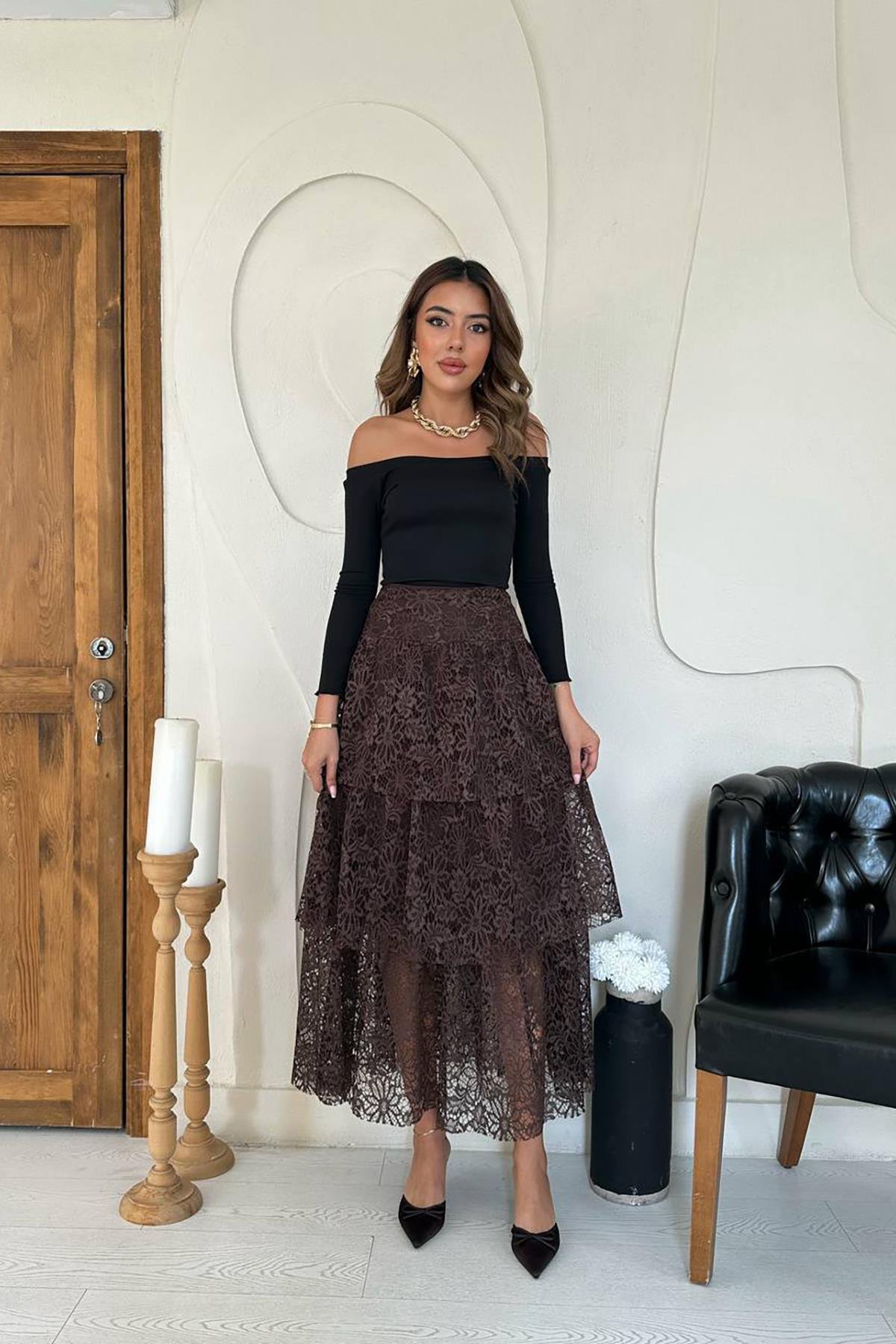 Toptan Kahverengi Dantelli Kat Kat Etek