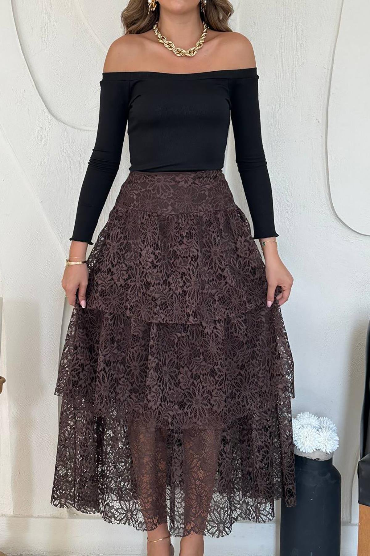 Toptan Kahverengi Dantelli Kat Kat Etek