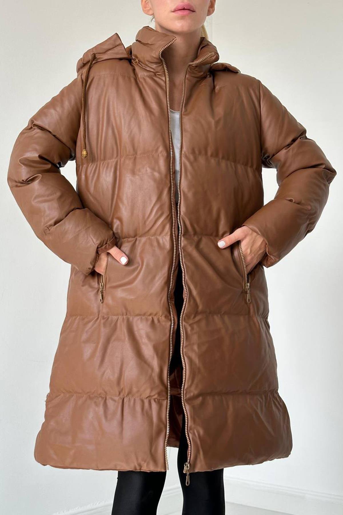 Brown Leather Puffer Jacket