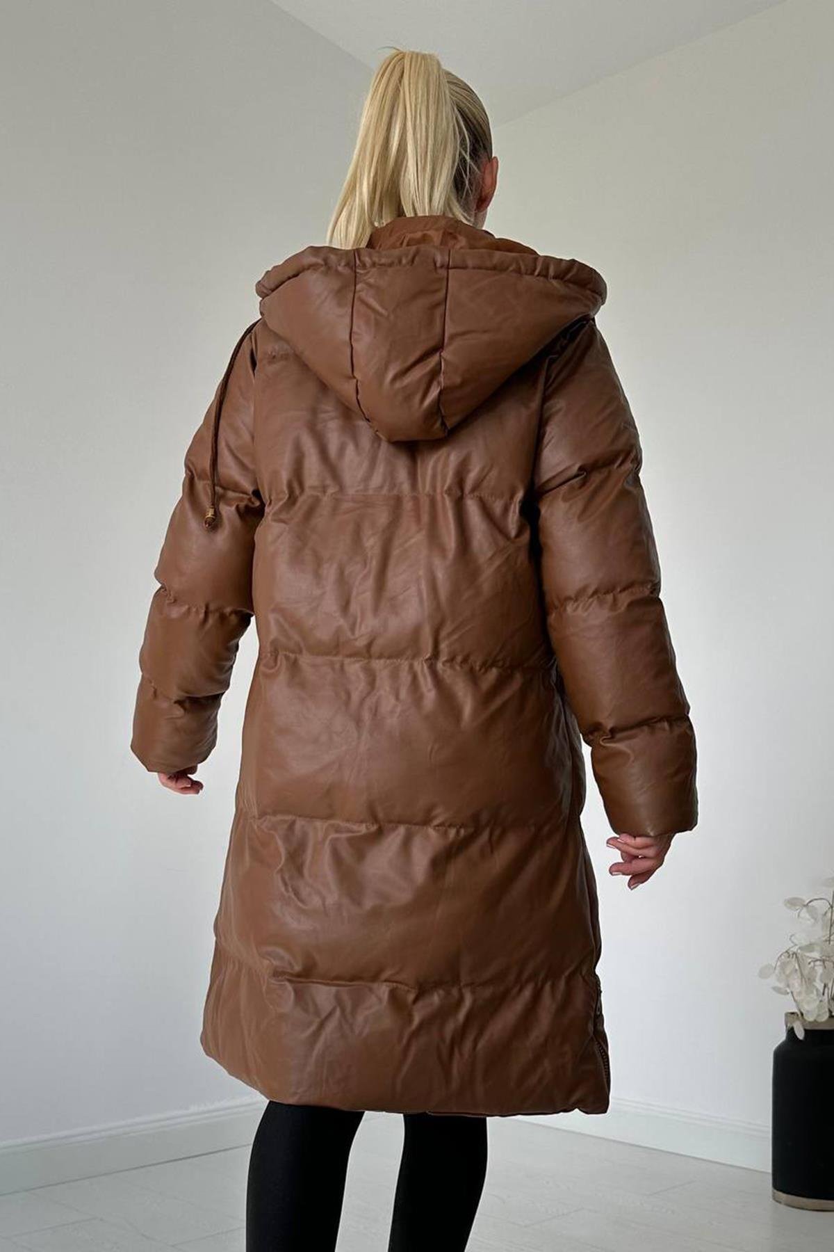 Brown Leather Puffer Jacket