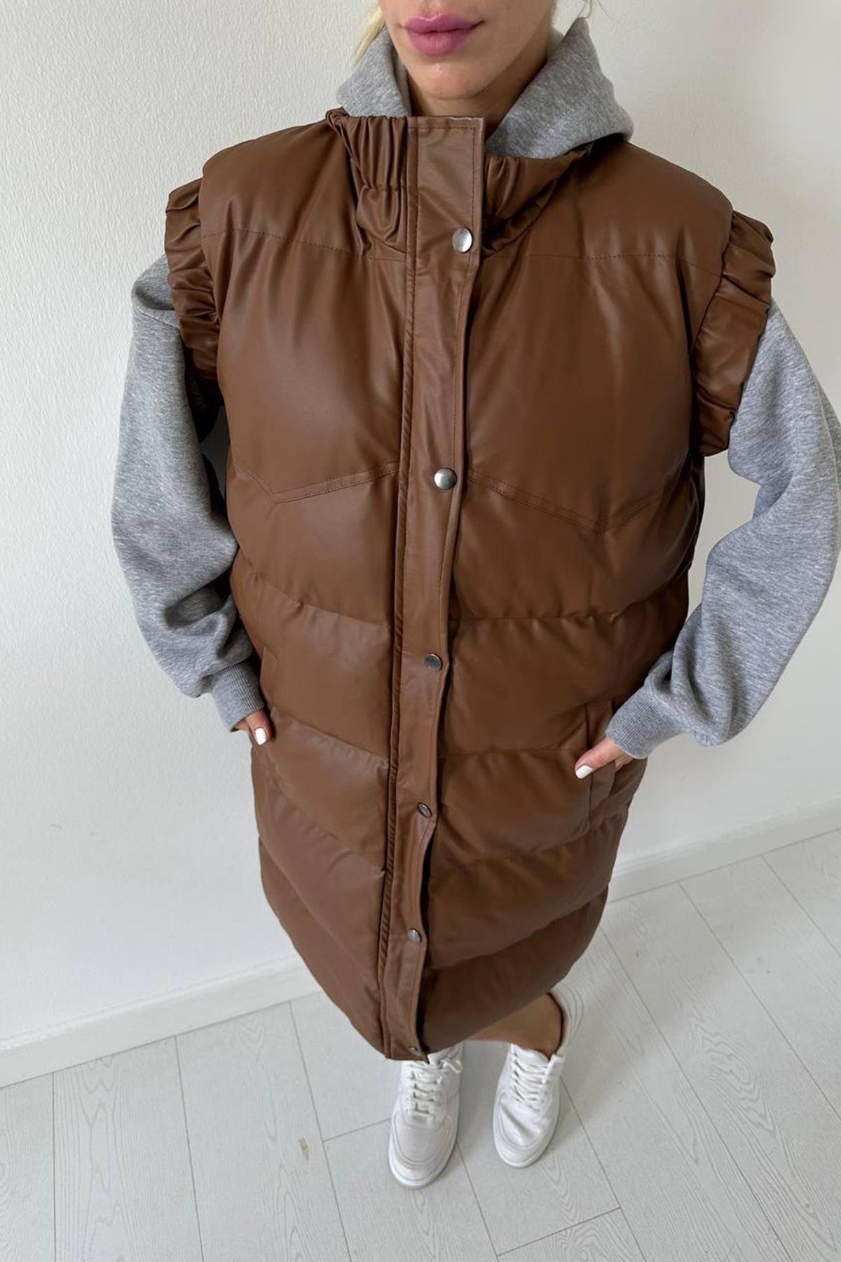 Toptan Kahverengi Deri Şişme Yelek