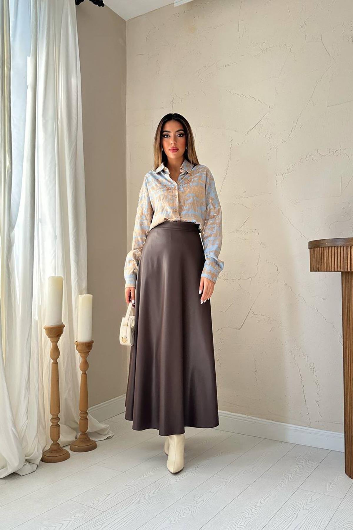 Toptan Kahverengi Deri Uzun Etek