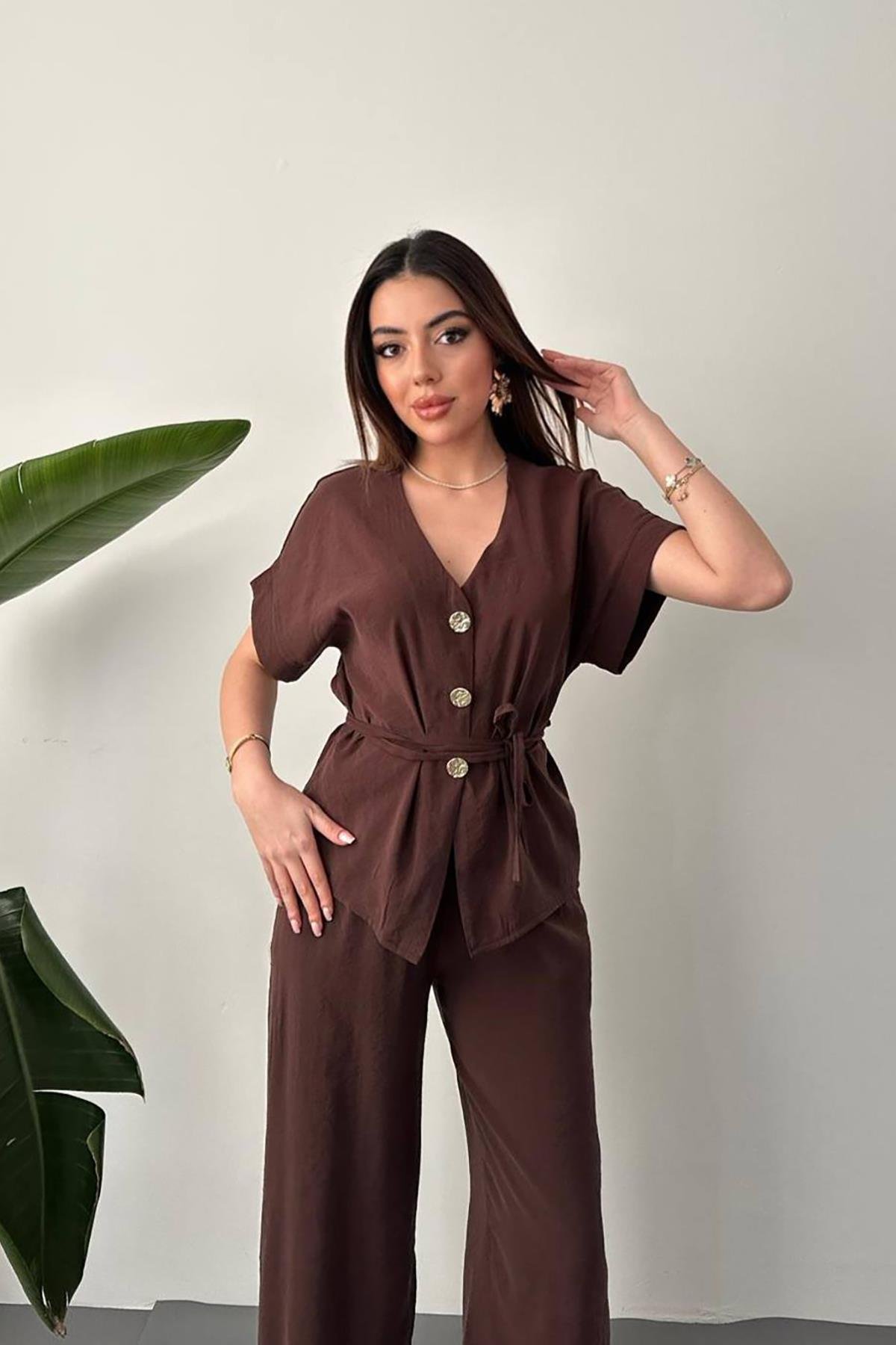 Toptan Kahverengi Düğme Detaylı İkili Modal Takım