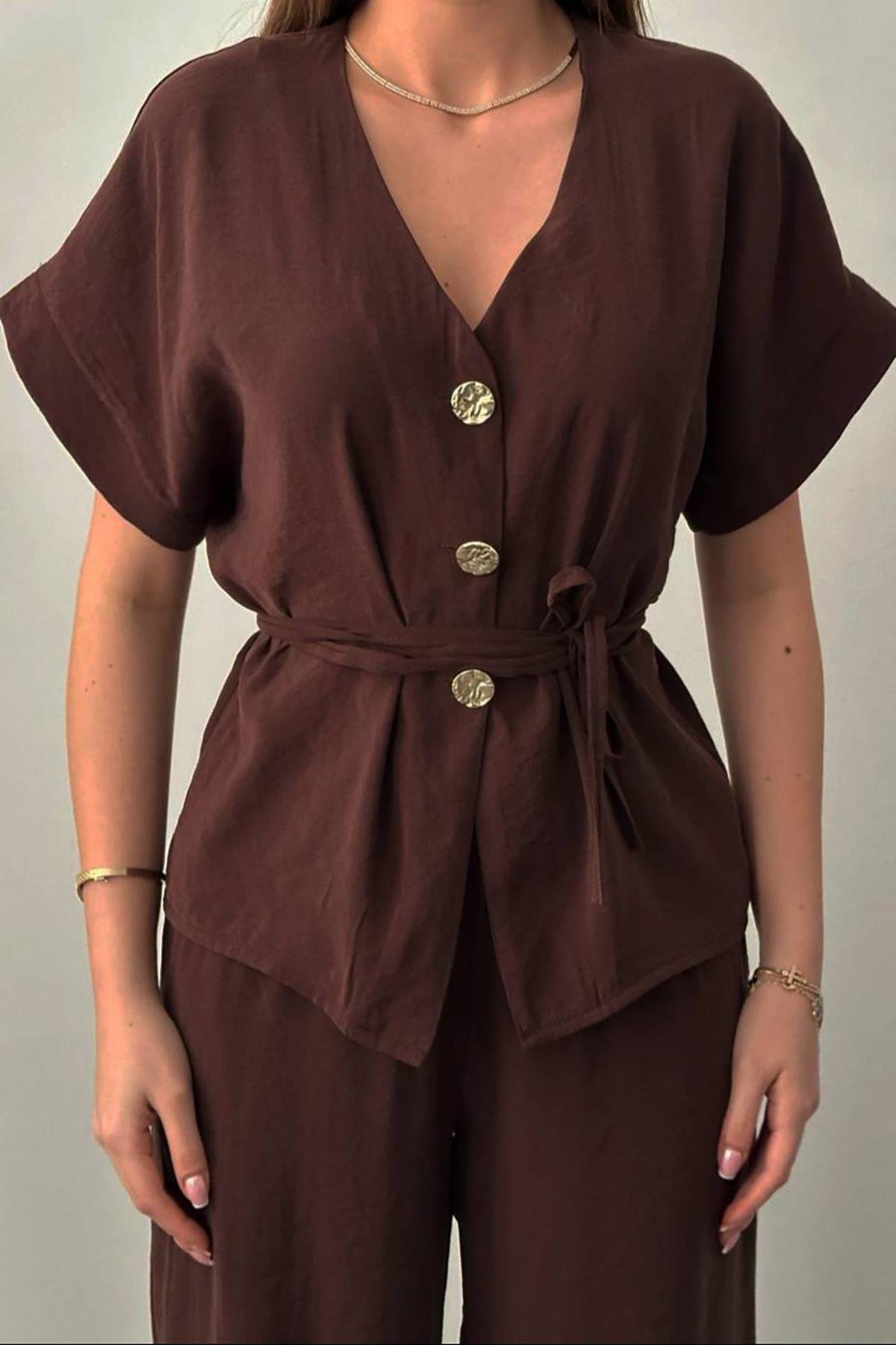 Toptan Kahverengi Düğme Detaylı İkili Modal Takım