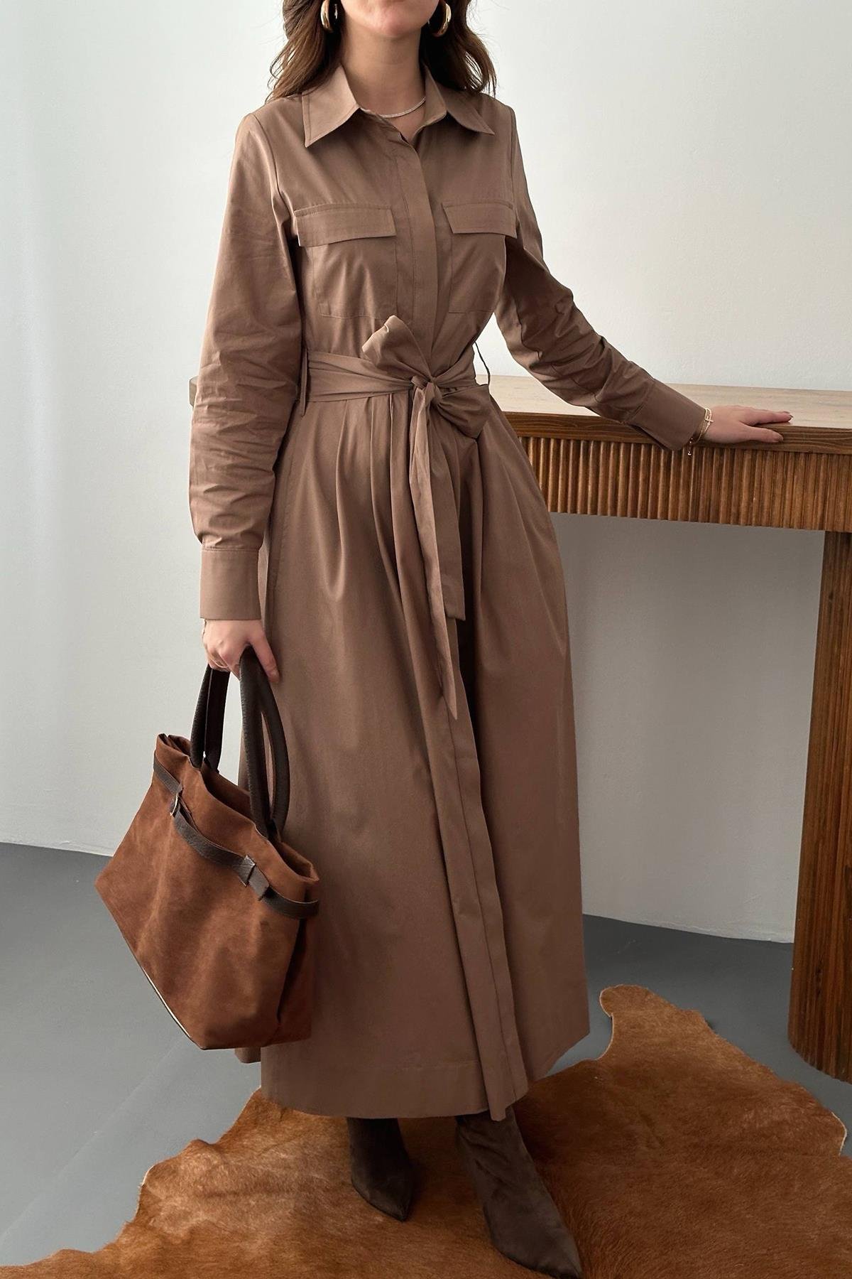 Toptan Kahverengi Düğmeli Poplin Elbise
