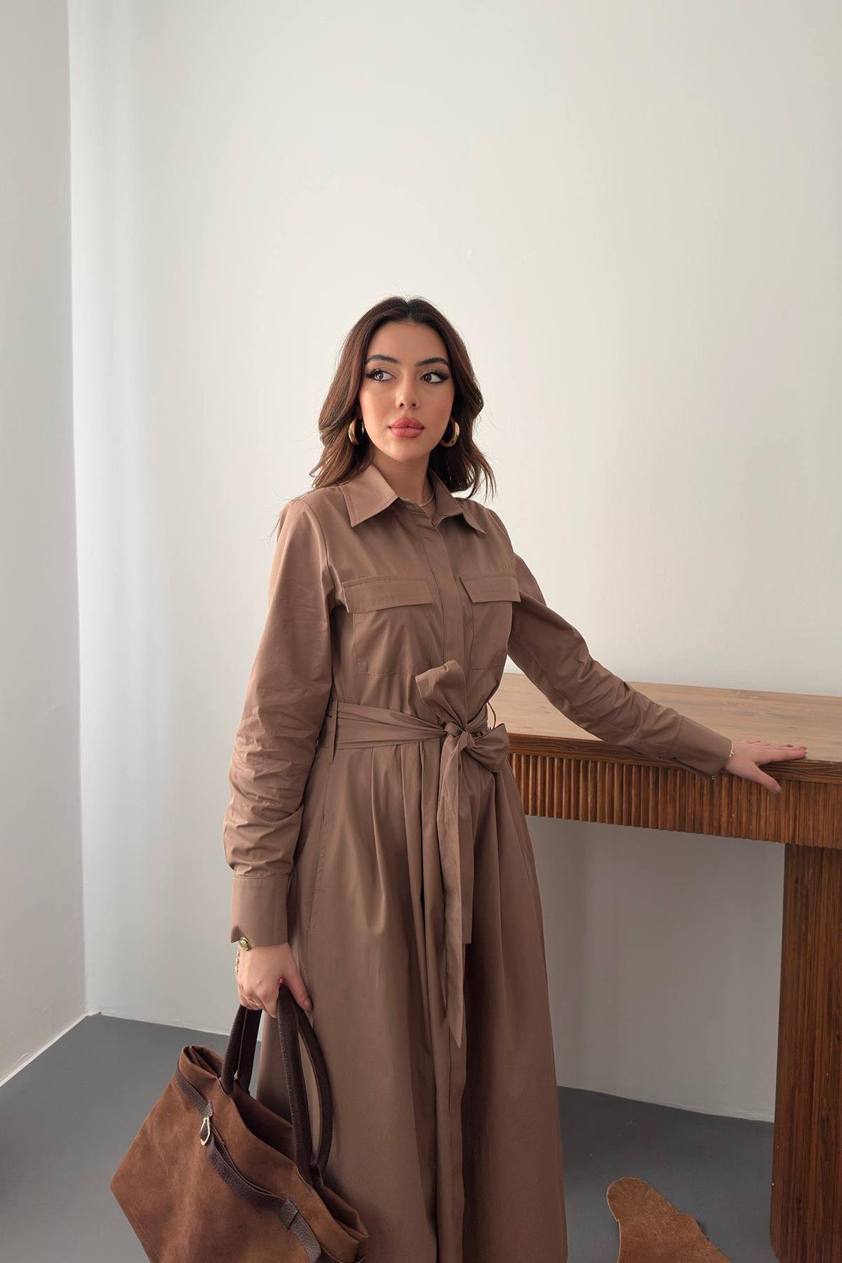 Toptan Kahverengi Düğmeli Poplin Elbise