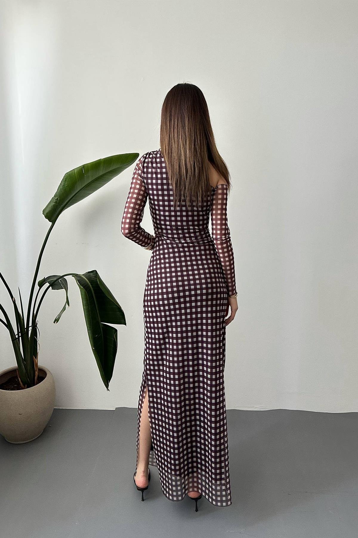 Toptan Kahverengi Ekose Desen Tül Elbise