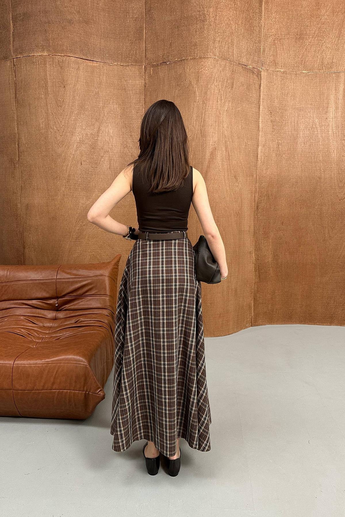 Toptan Kahverengi Ekose Etek