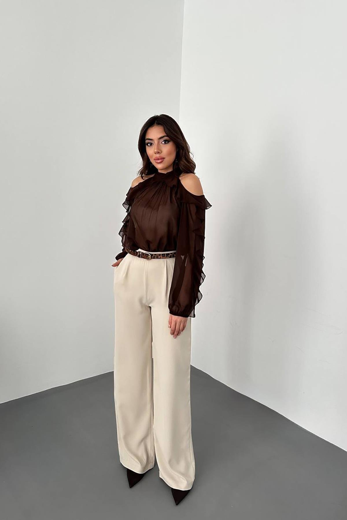 Toptan Kahverengi Omuzları Açık Bluz