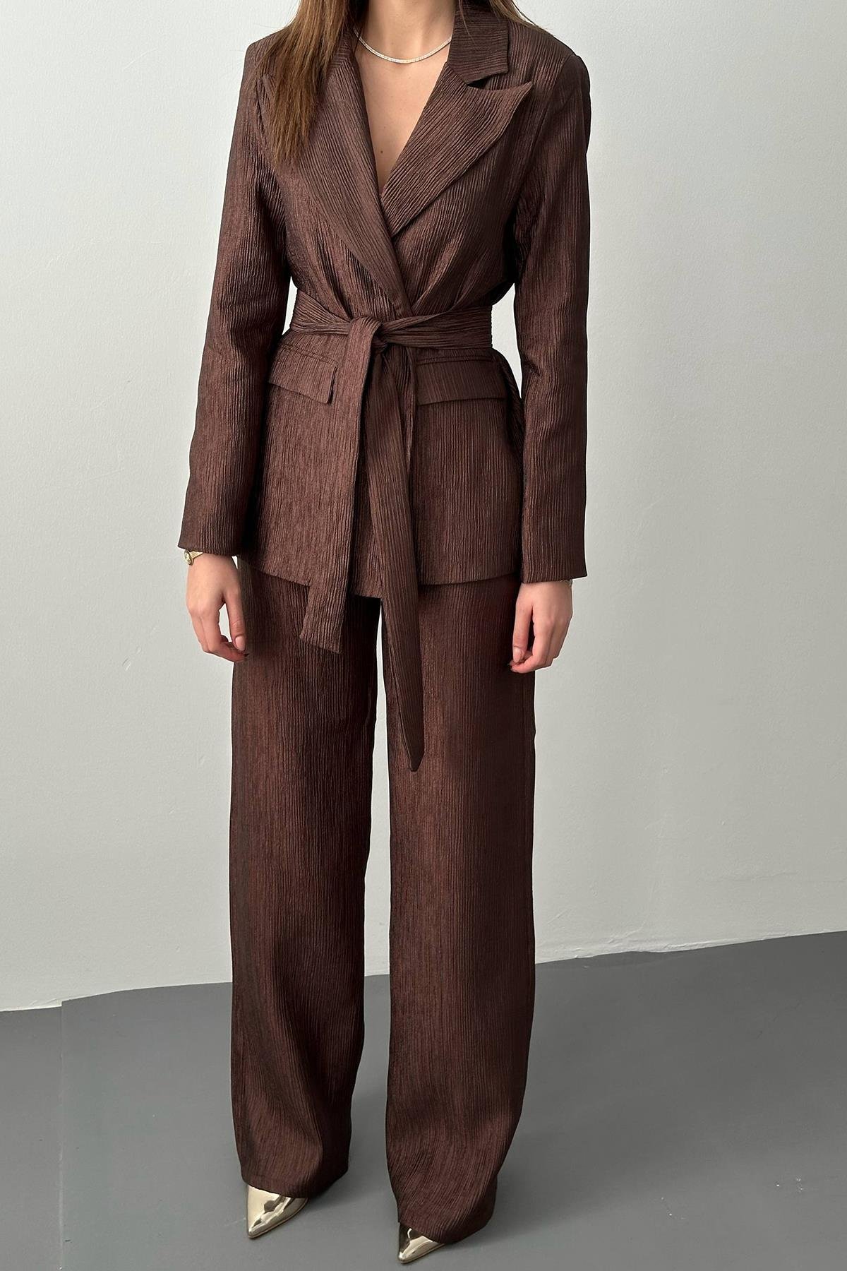 Toptan Kahverengi Parlak Beli Kuşaklı Takım