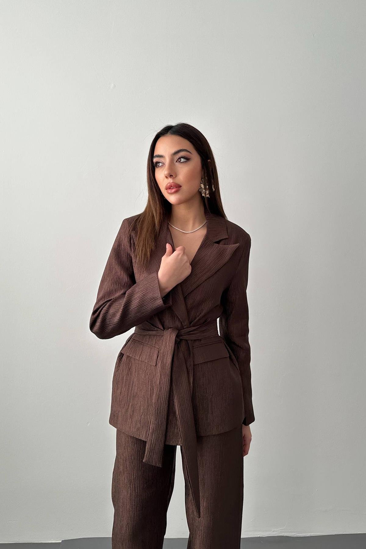 Toptan Kahverengi Parlak Beli Kuşaklı Takım
