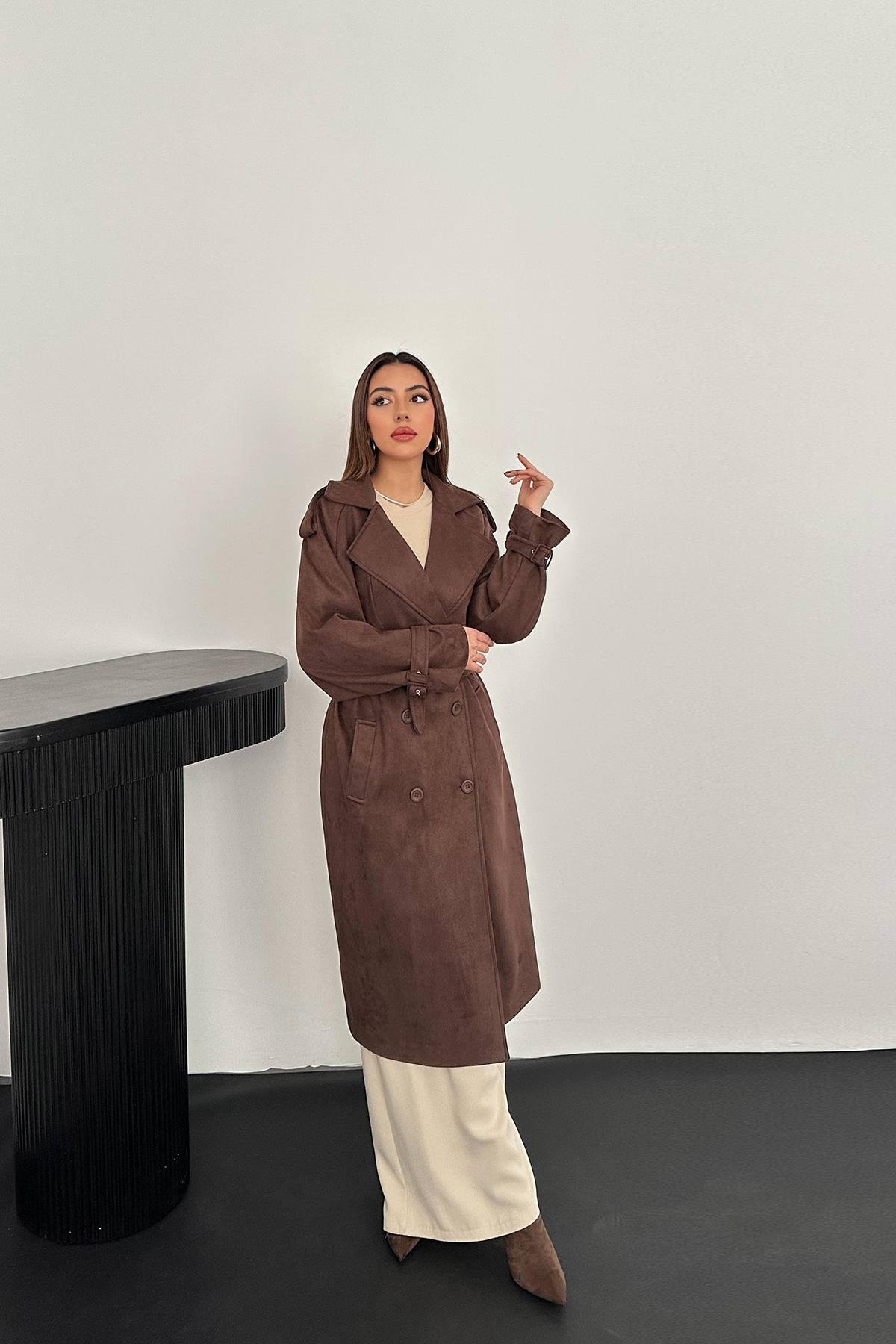 Toptan Kahverengi Reglan Kollu Süet Trençkot